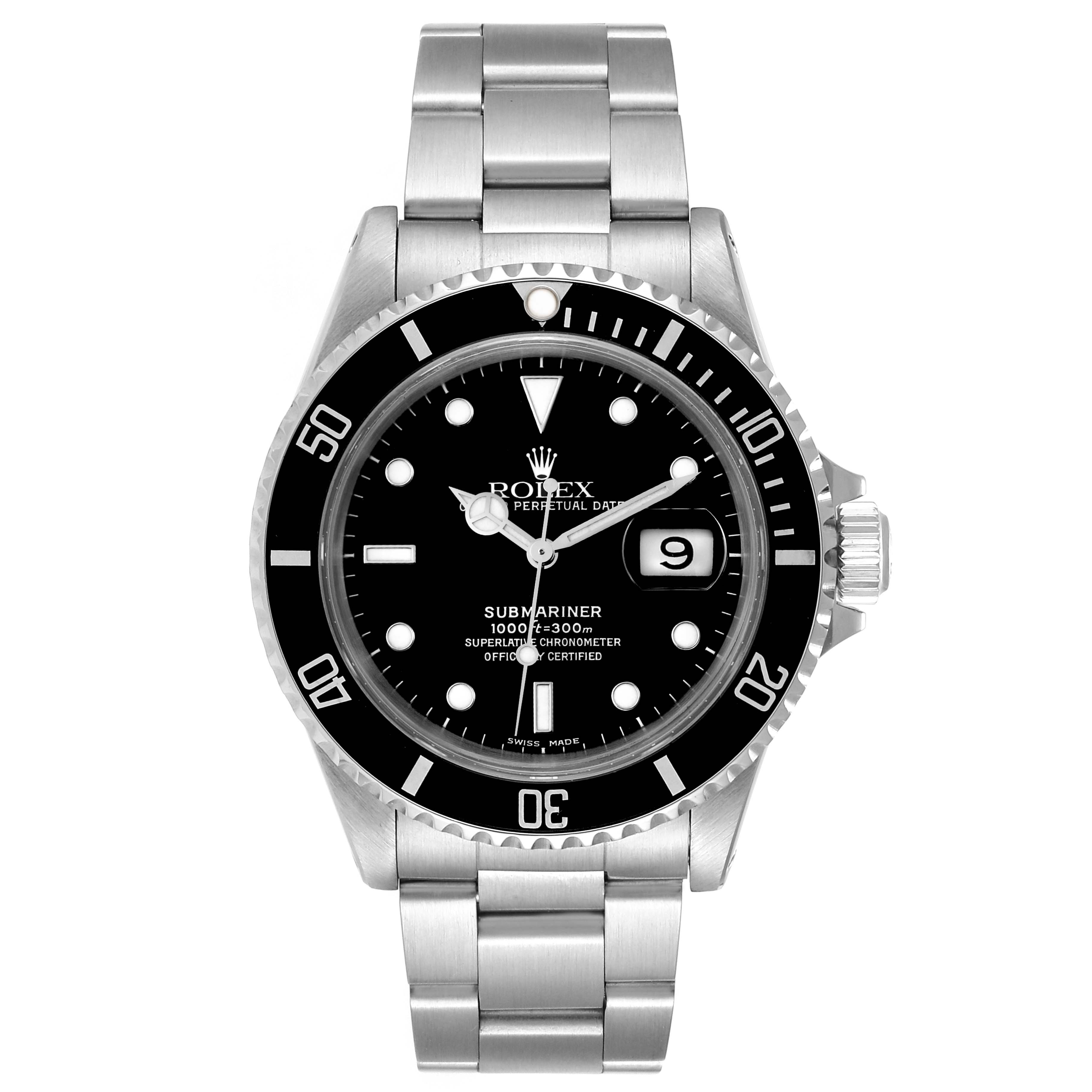 This is a front view of a Rolex Submariner 16610 Men
s Stainless Steel Black Dial 16610 Men
s Stainless Steel Black Dial watch showing the dial, bezel, crown, and metal bracelet.