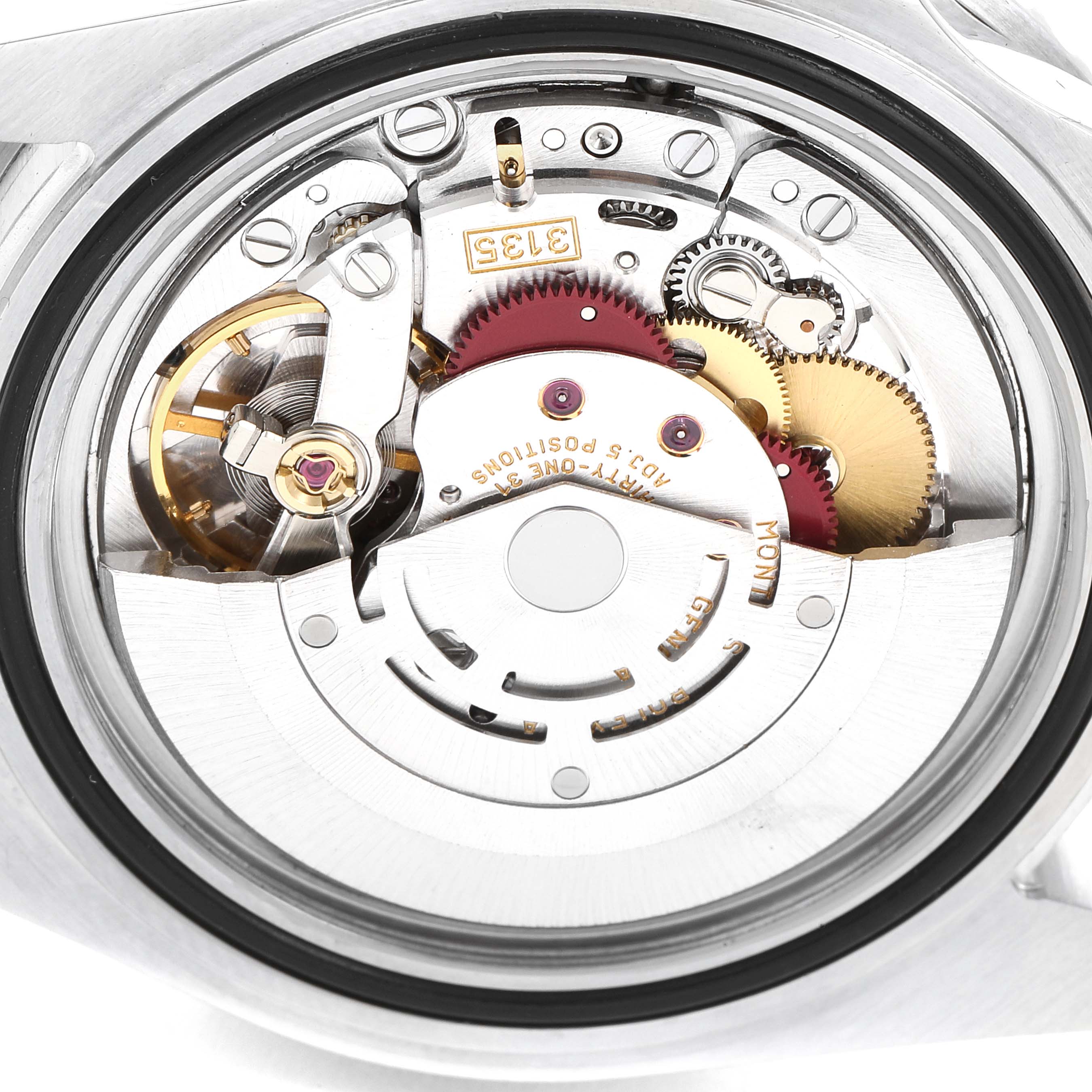 This is an internal view of the Rolex Submariner 16610 Men
s Stainless Steel Black Dial 16610 Men
s Stainless Steel Black Dial watch, showcasing its intricate movement and gears.