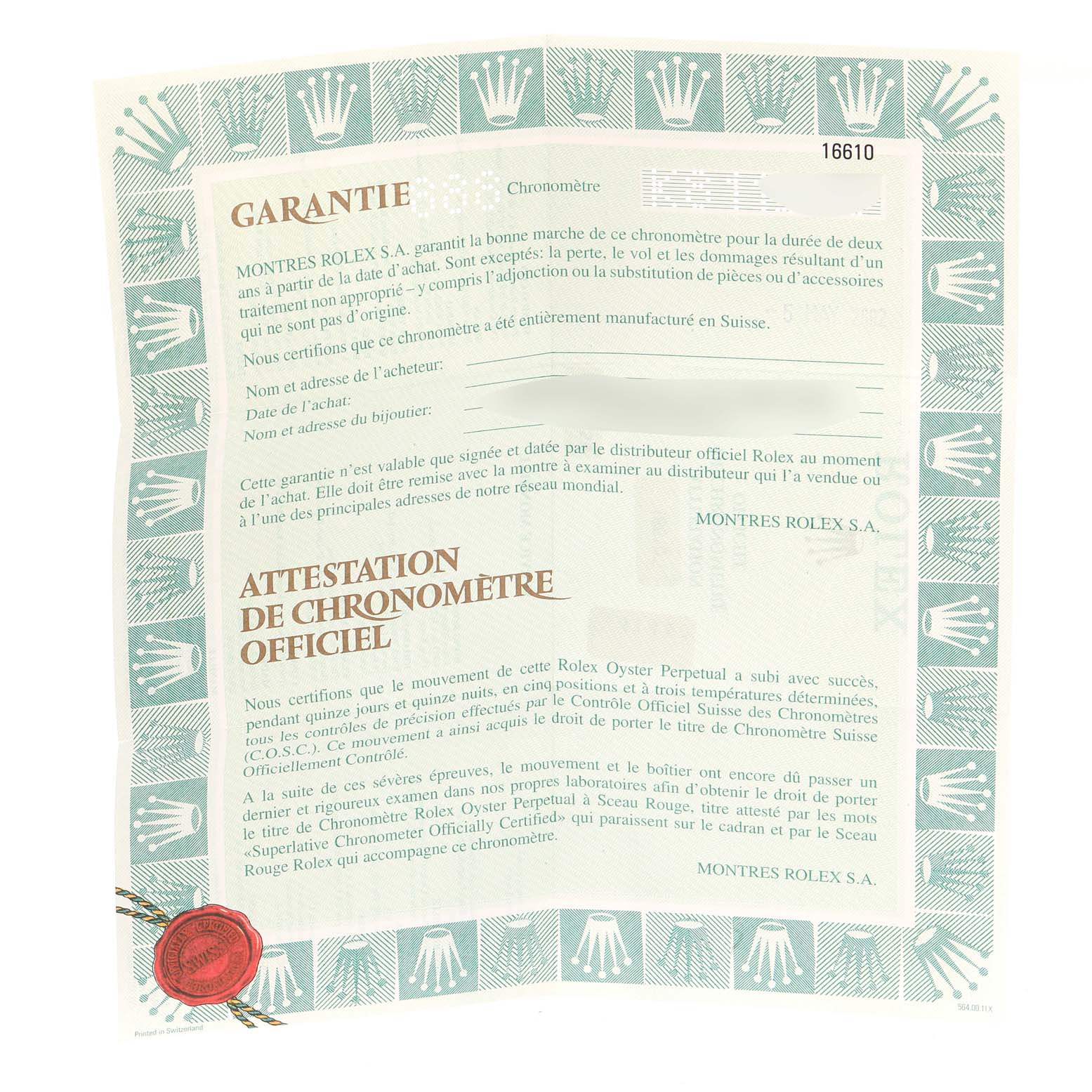 The image shows the warranty and official chronometer certification documents for a Rolex Submariner 16610 Men
s Stainless Steel Black Dial 16610 Men
s Stainless Steel Black Dial model, viewed from the front.