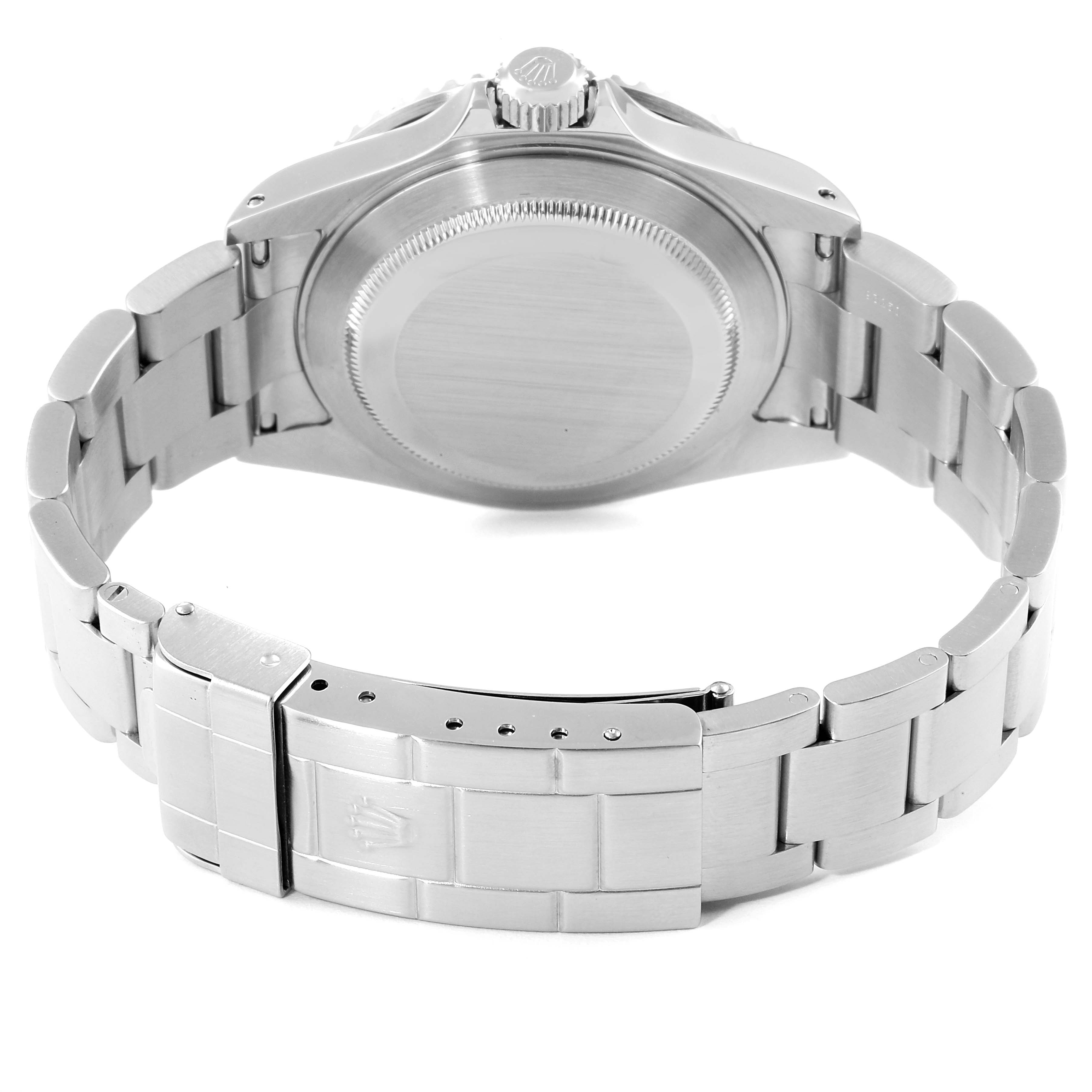 This image shows the backside and band of a Rolex Submariner 16610 Men
s Stainless Steel Black Dial 16610 Men
s Stainless Steel Black Dial watch, highlighting the clasp and case back.