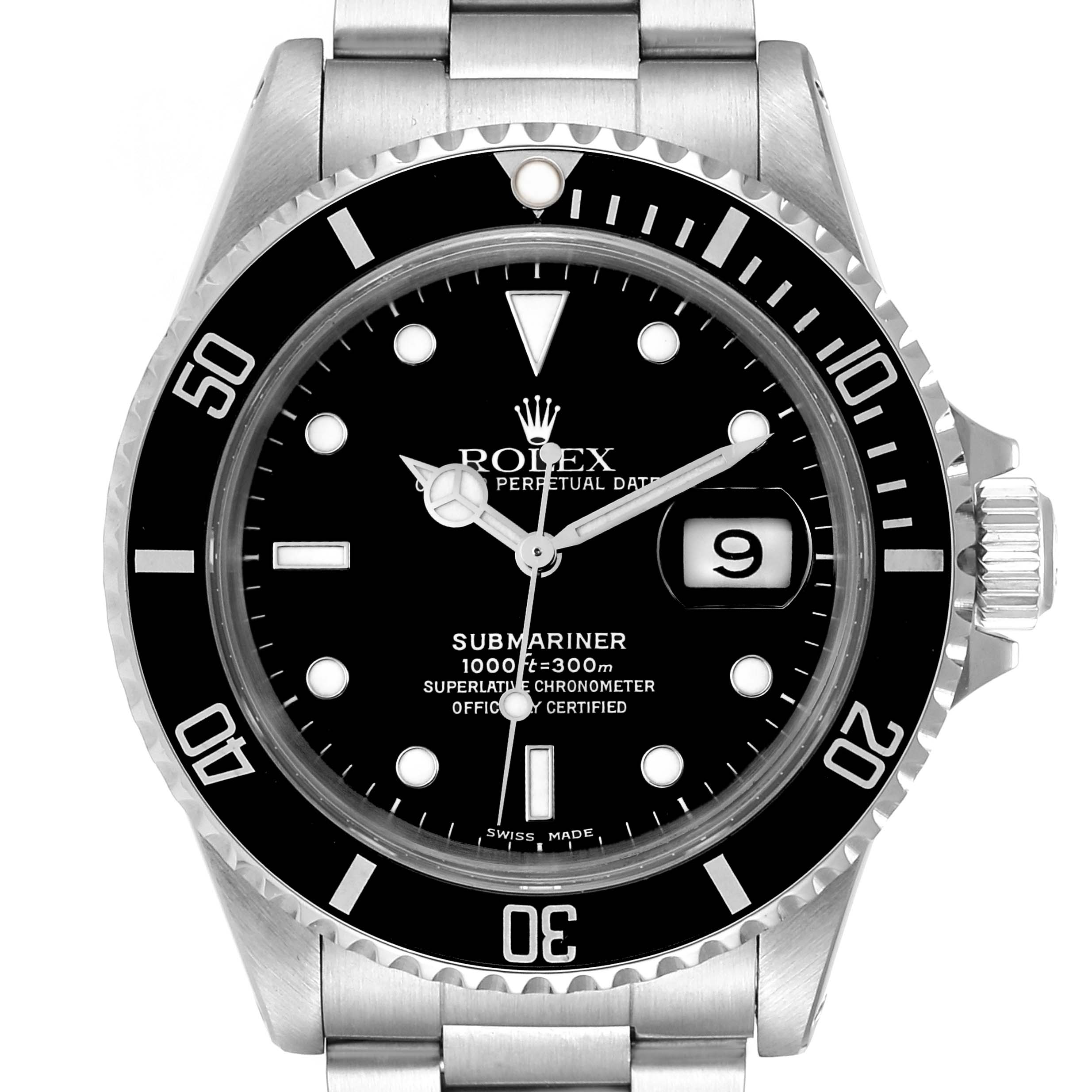 The image shows a head-on view of a Rolex Submariner 16610 Men
s Stainless Steel Black Dial 16610 Men
s Stainless Steel Black Dial watch, featuring its black dial, bezel, and stainless-steel bracelet.