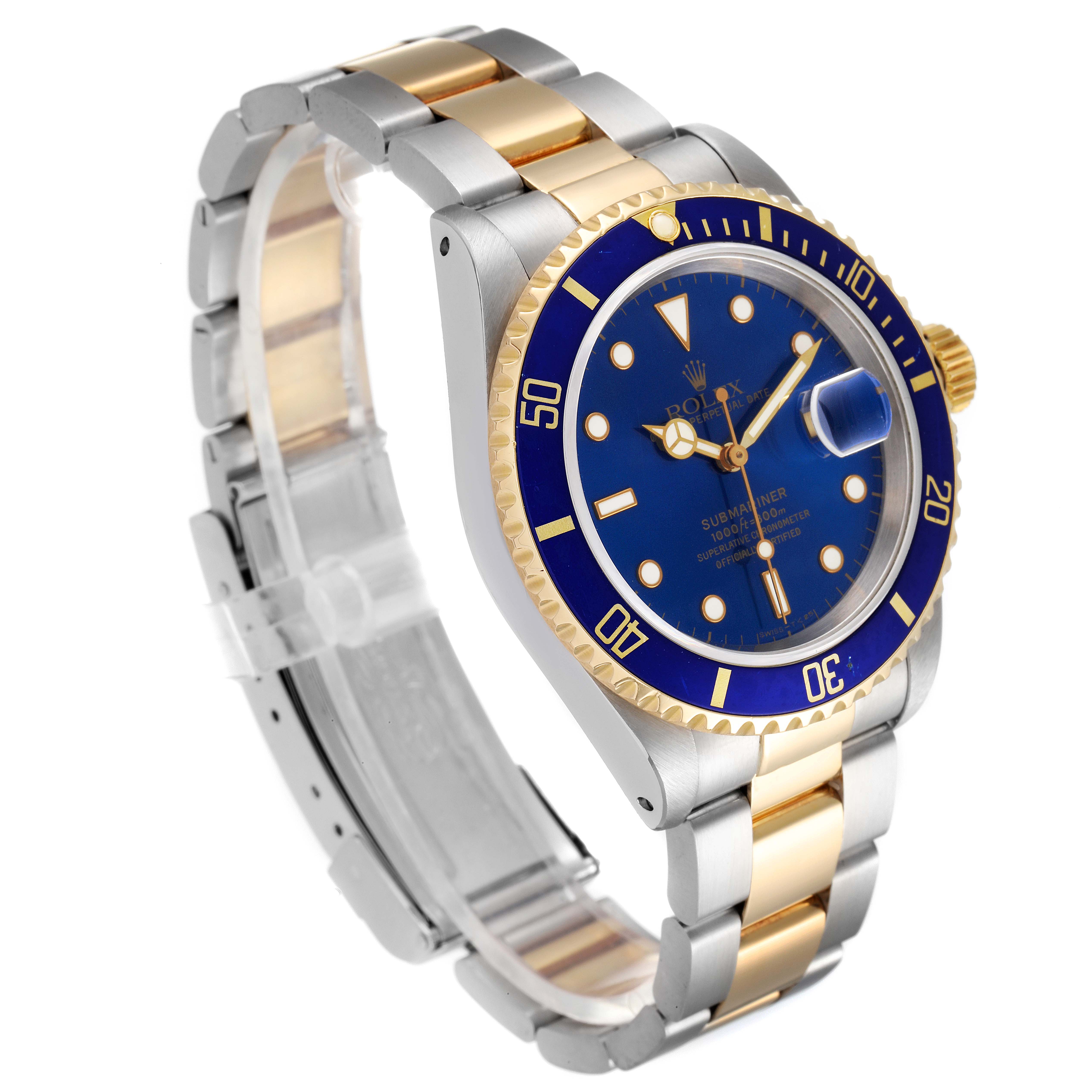The Rolex Submariner 16613 Men
s Steel and Gold (two tone) Blue Dial 16613 Men
s Steel and Gold (two tone) Blue Dial watch is shown from a three-quarter angle, displaying the bracelet, bezel, dial, and crown.