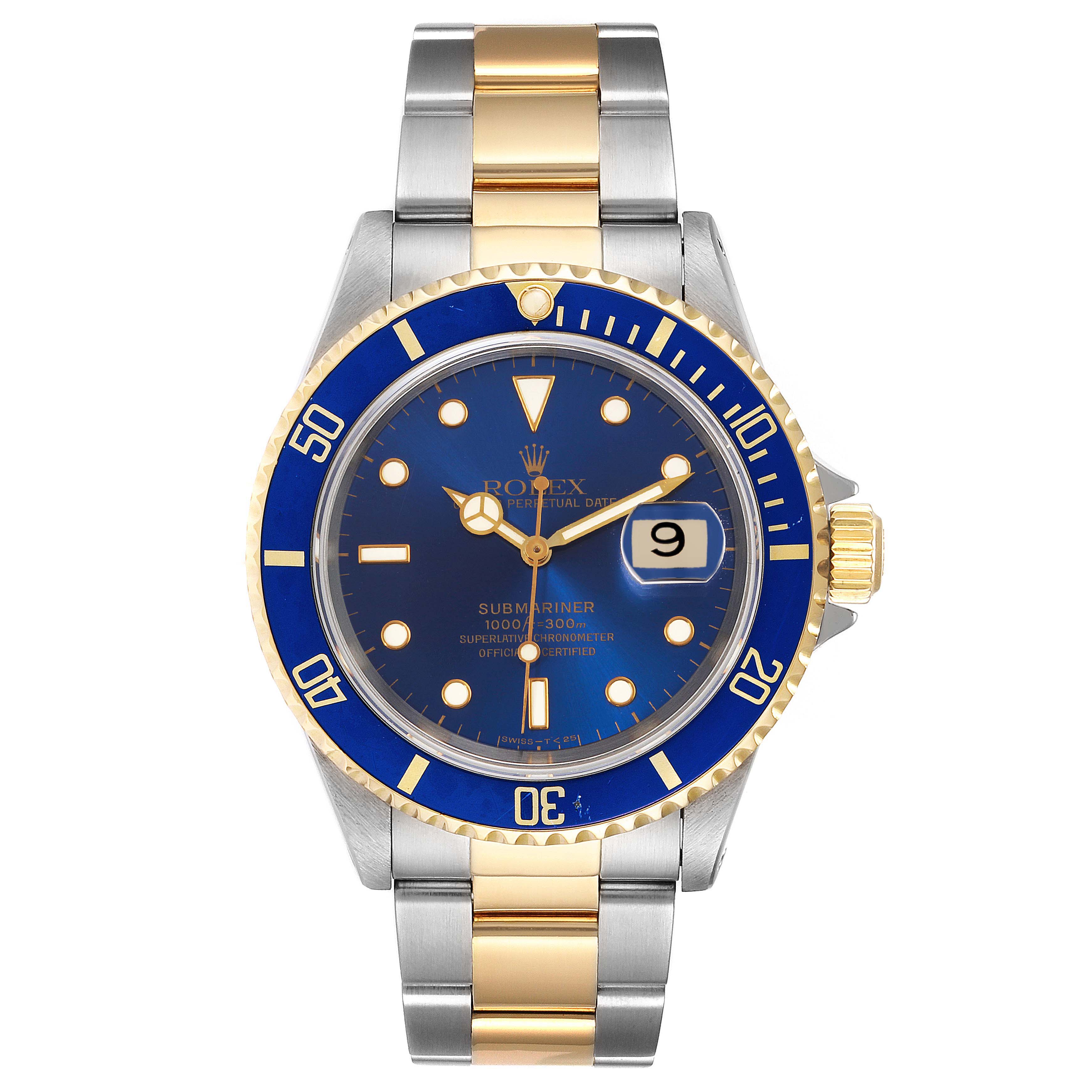The image shows a front view of the Rolex Submariner 16613 Men
s Steel and Gold (two tone) Blue Dial 16613 Men
s Steel and Gold (two tone) Blue Dial watch, displaying the dial, bezel, crown, and bracelet.