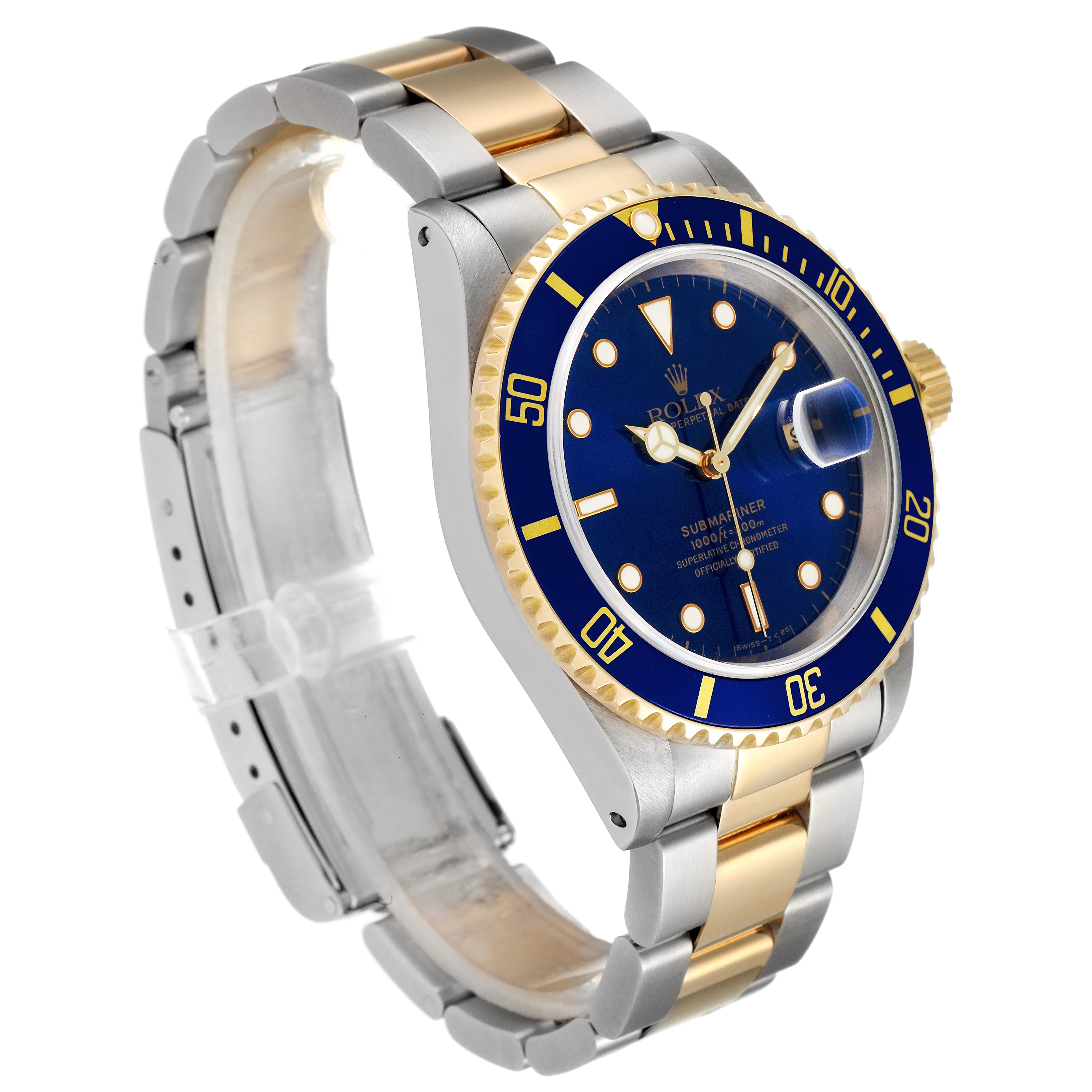 The Rolex Submariner 16613 Men
s Steel and Gold (two tone) Blue Dial 16613 Men
s Steel and Gold (two tone) Blue Dial watch is shown at a slight angle, displaying the blue dial, bezel, and two-tone bracelet.