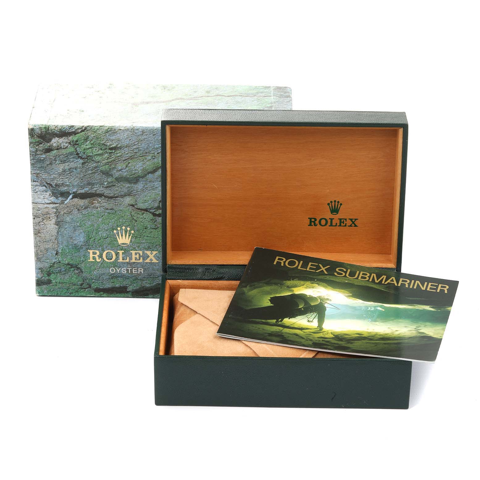 The image shows a Rolex Submariner 16613 Men
s Steel and Gold (two tone) Blue Dial 16613 Men
s Steel and Gold (two tone) Blue Dial watch box with a manual and outer packaging.