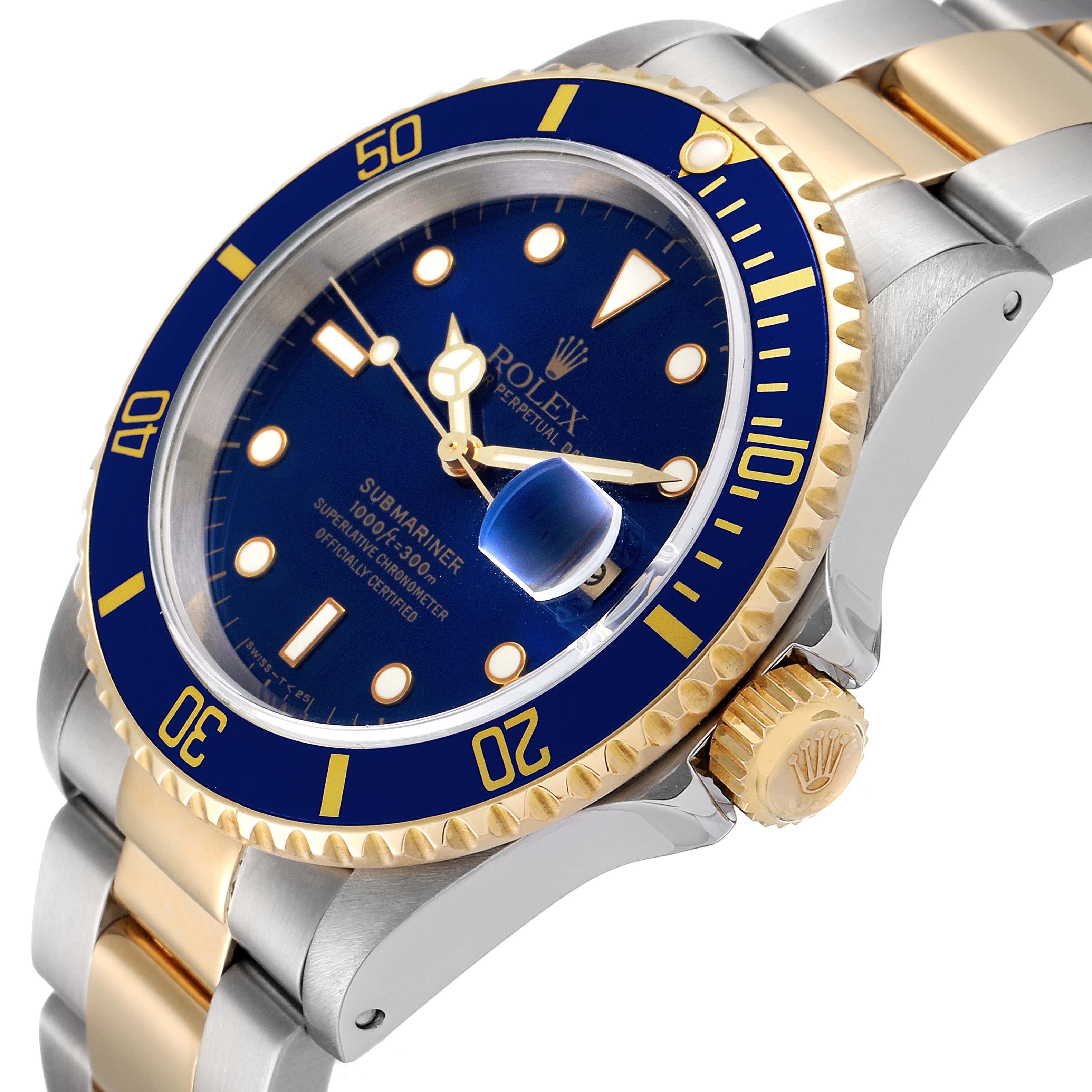 This Rolex Submariner 16613 Men
s Steel and Gold (two tone) Blue Dial 16613 Men
s Steel and Gold (two tone) Blue Dial is shown at a three-quarter angle, highlighting the dial, bezel, crown, and part of the bracelet.