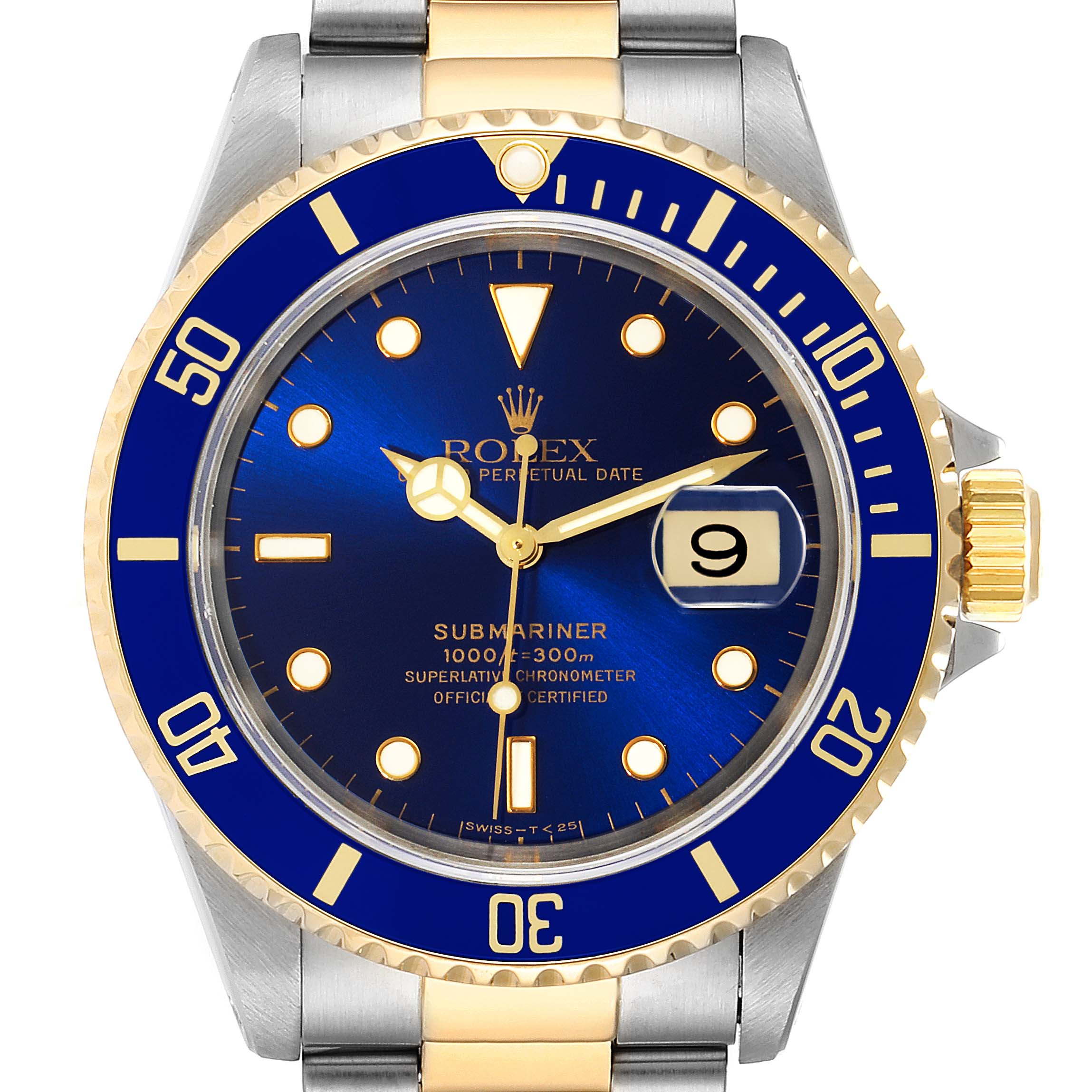 The image shows a front view of a Rolex Submariner 16613 Men
s Steel and Gold (two tone) Blue Dial 16613 Men
s Steel and Gold (two tone) Blue Dial watch, highlighting its blue dial, date display, and bezel.