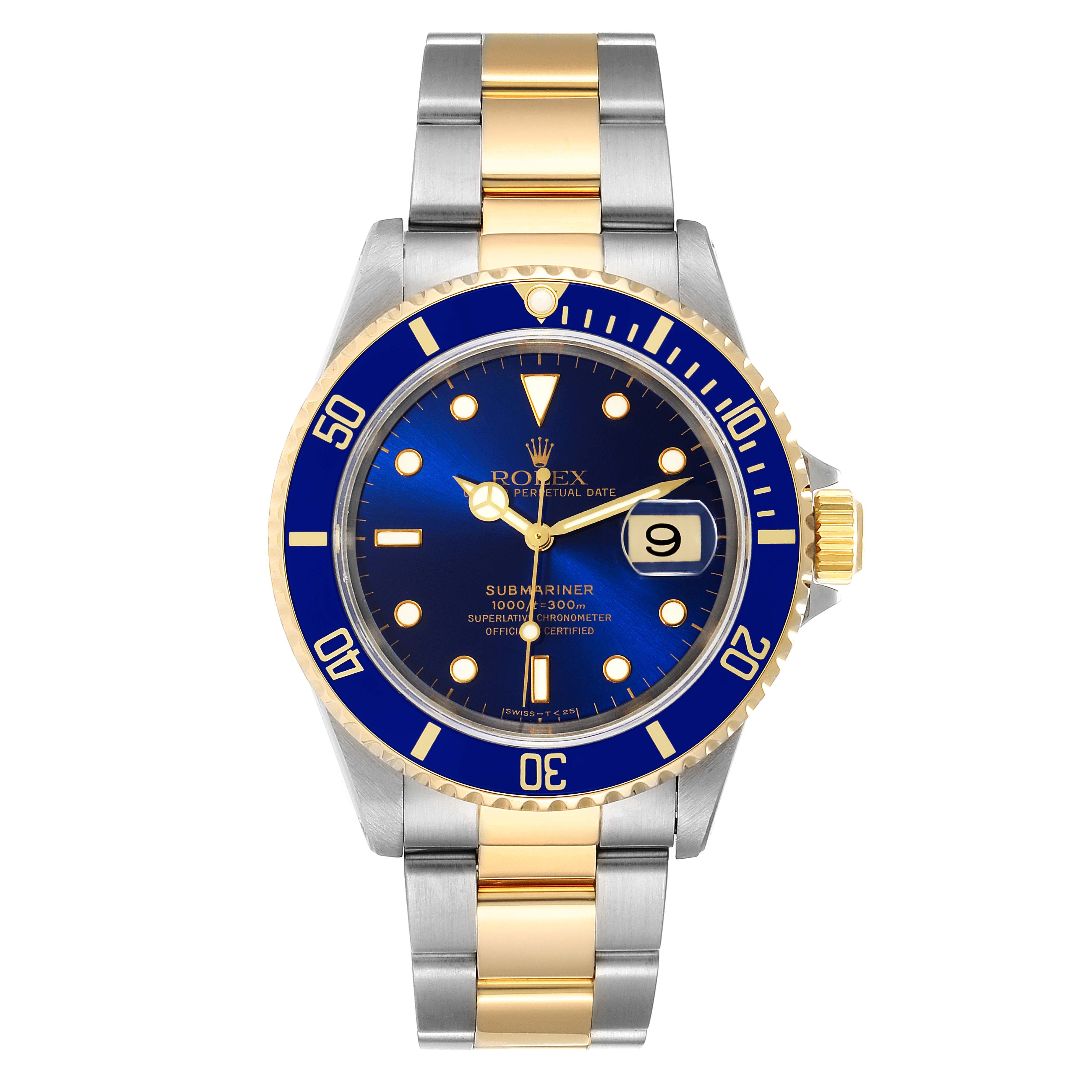 This image shows a frontal view of a Rolex Submariner 16613 Men
s Steel and Gold (two tone) Blue Dial 16613 Men
s Steel and Gold (two tone) Blue Dial watch with a blue dial and a bicolor steel and gold bracelet.
