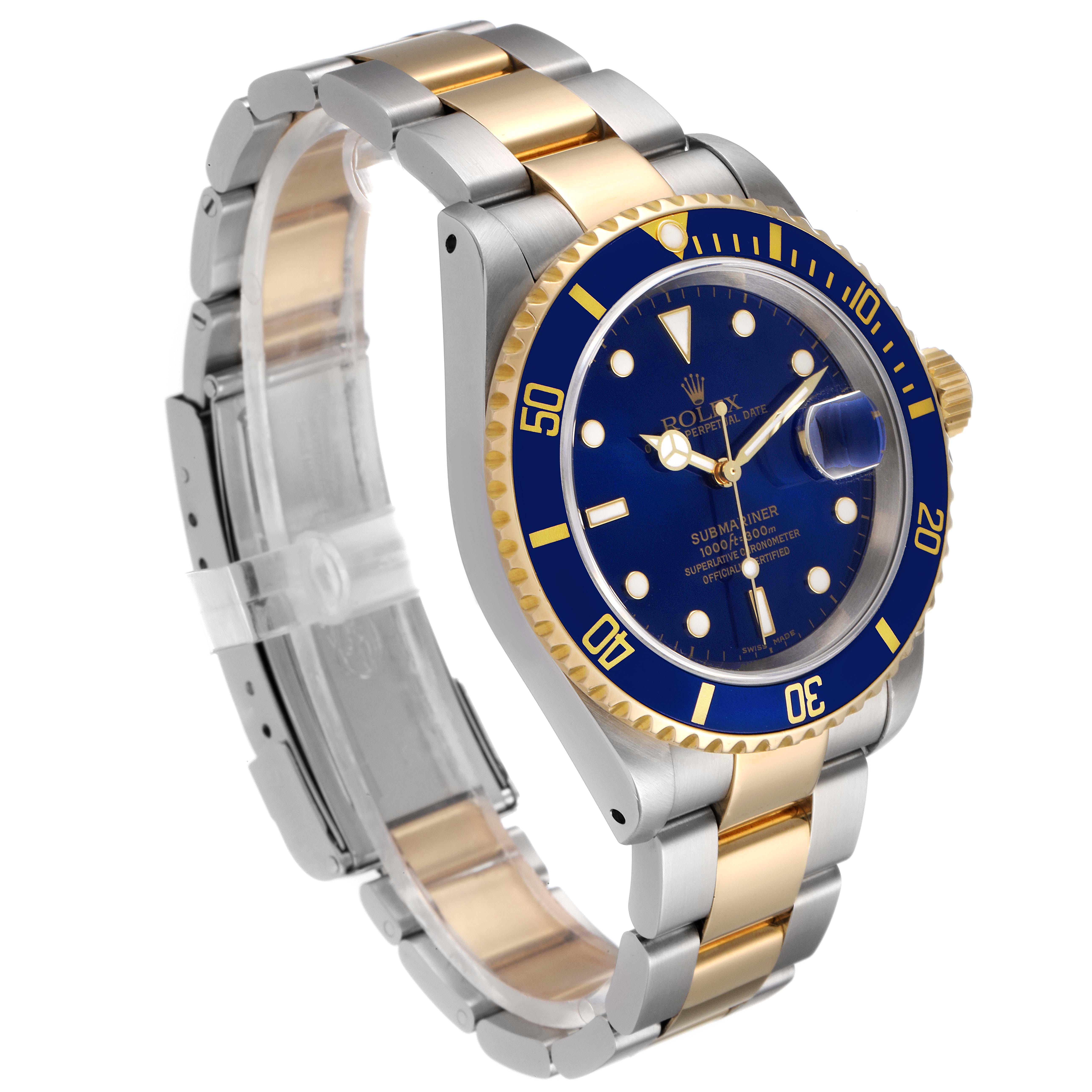 This image shows a side and front angle of a Rolex Submariner 16613 Men
s Steel and Gold (two tone) Blue Dial 16613 Men
s Steel and Gold (two tone) Blue Dial watch, highlighting its blue dial, bezel, and two-tone bracelet.