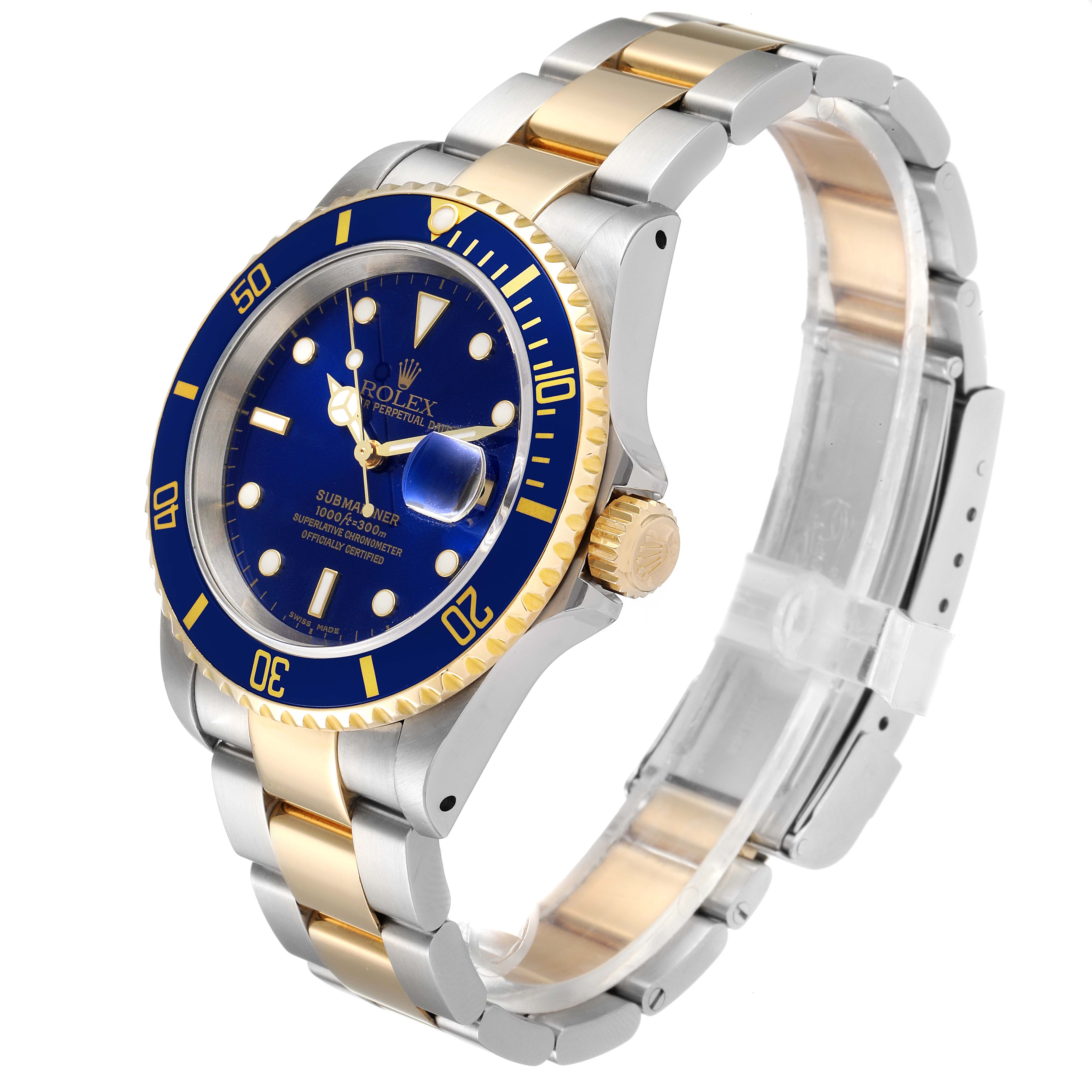 The image shows a Rolex Submariner 16613 Men
s Steel and Gold (two tone) Blue Dial 16613 Men
s Steel and Gold (two tone) Blue Dial watch at a three-quarter angle, highlighting the blue dial, bezel, and two-tone bracelet.