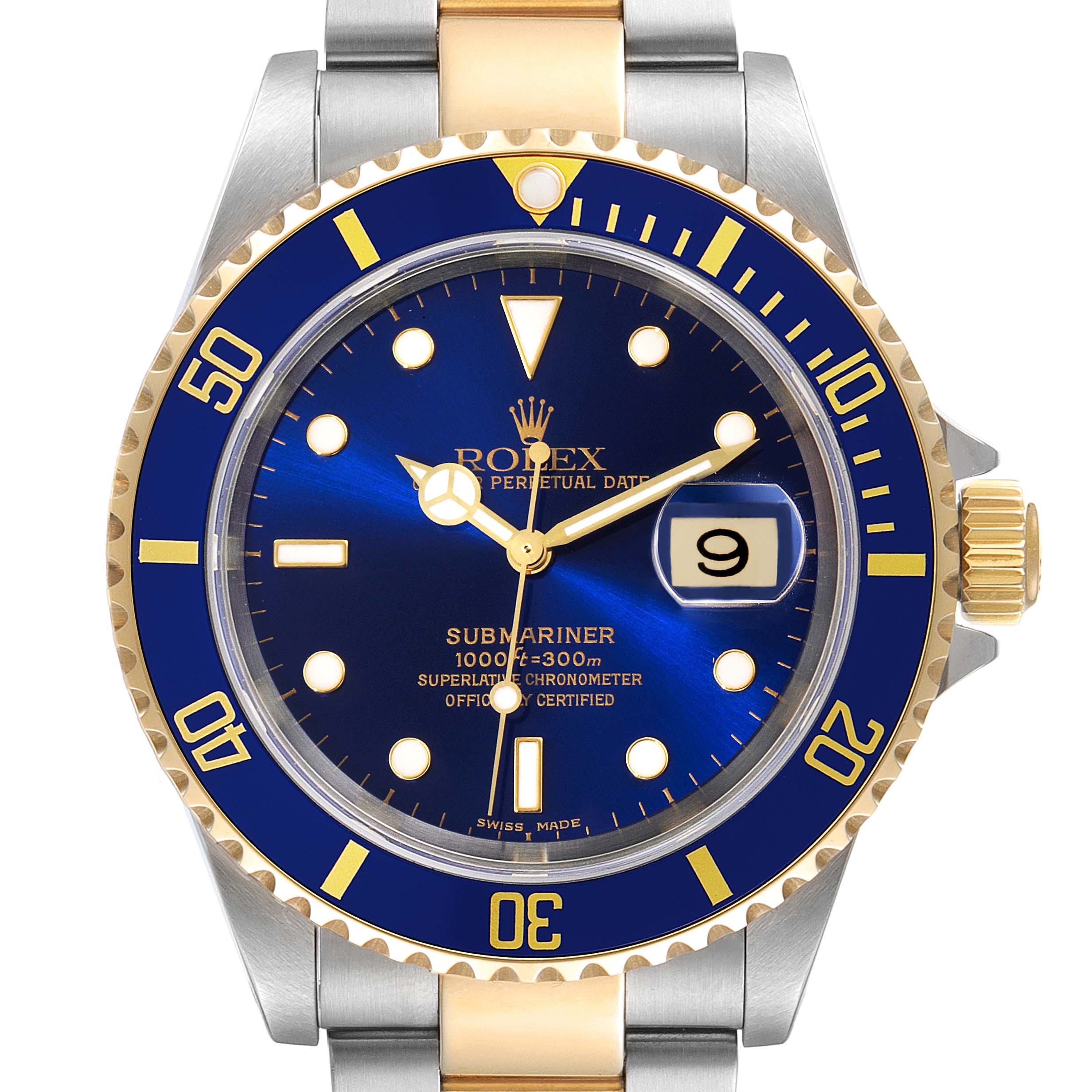 The image shows a front view of a Rolex Submariner 16613 Men
s Steel and Gold (two tone) Blue Dial 16613 Men
s Steel and Gold (two tone) Blue Dial watch, highlighting the dial, bezel, crown, and part of the bracelet.