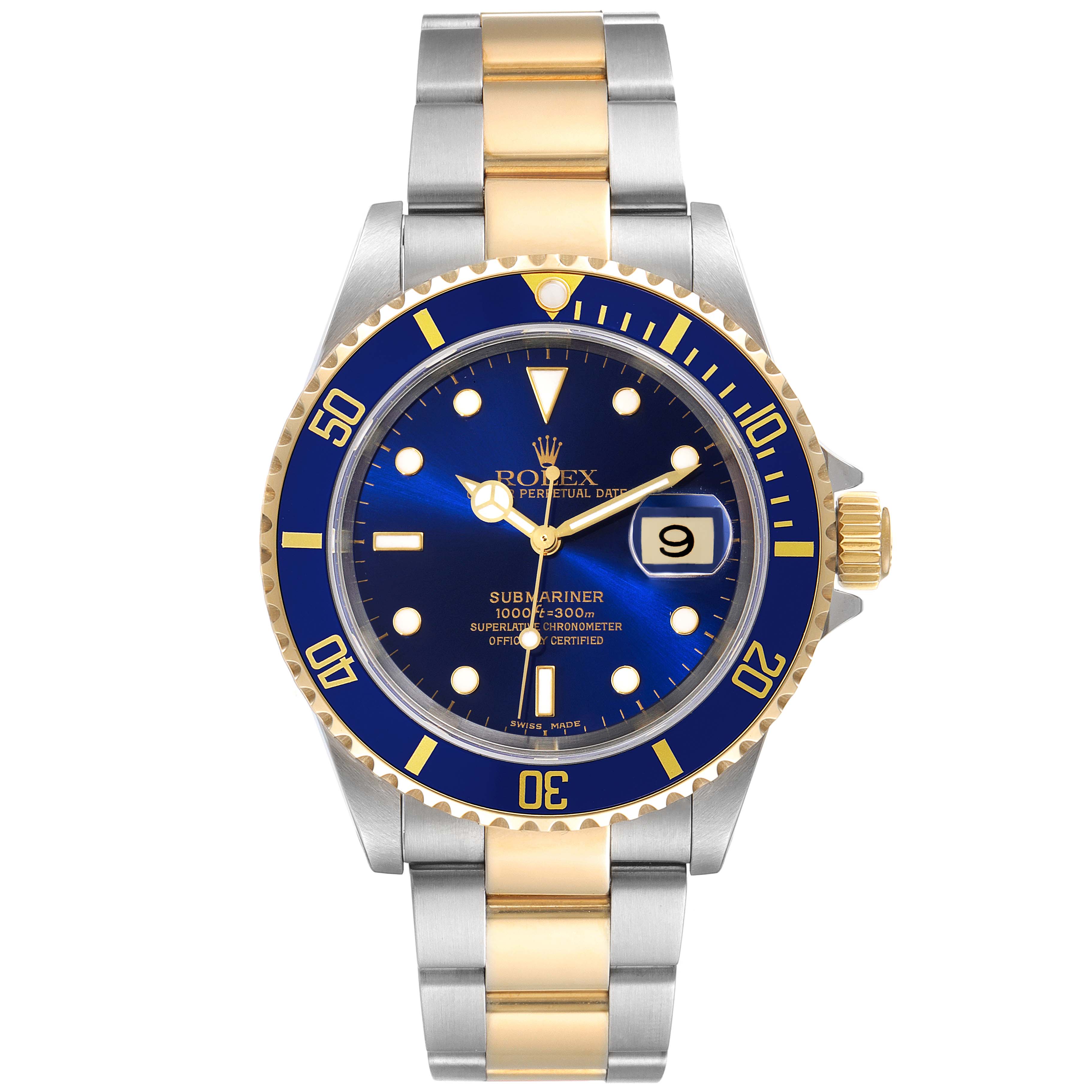 This image shows a front view of a Rolex Submariner 16613 Men
s Steel and Gold (two tone) Blue Dial 16613 Men
s Steel and Gold (two tone) Blue Dial watch with a blue dial and two-tone metal bracelet.