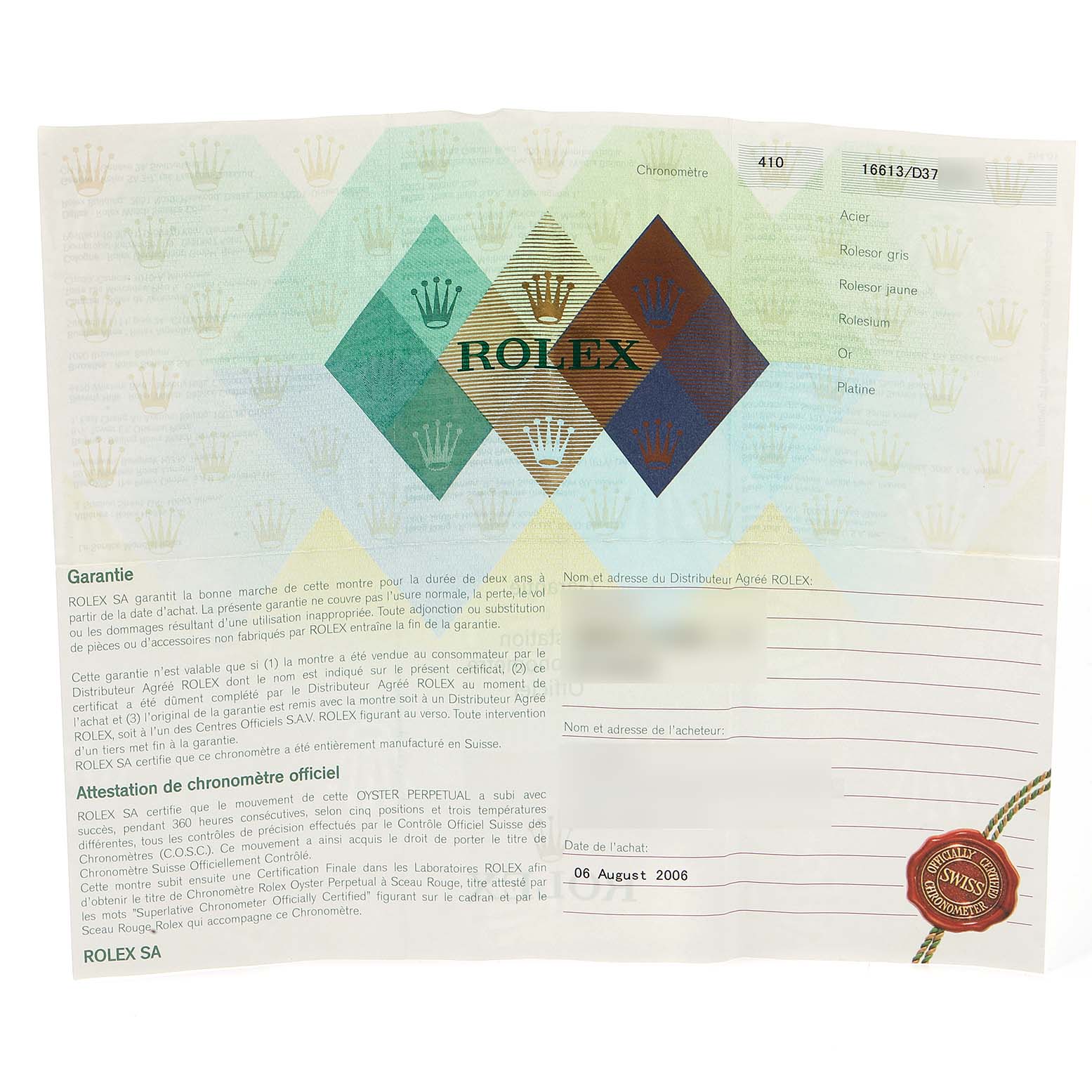 The image shows a warranty card for a Rolex Submariner 16613 Men's Steel and Gold (two tone) Blue Dial 16613 Men's Steel and Gold (two tone) Blue Dial, detailing authenticity and purchase date information.