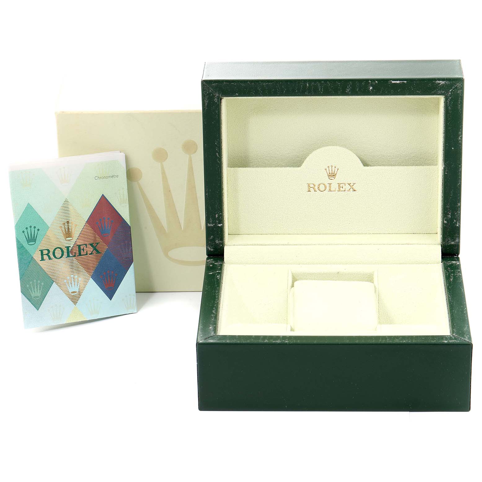 This image shows the Rolex Submariner 16613 Men's Steel and Gold (two tone) Blue Dial 16613 Men's Steel and Gold (two tone) Blue Dial box, its outer box, and a booklet from a front angle.