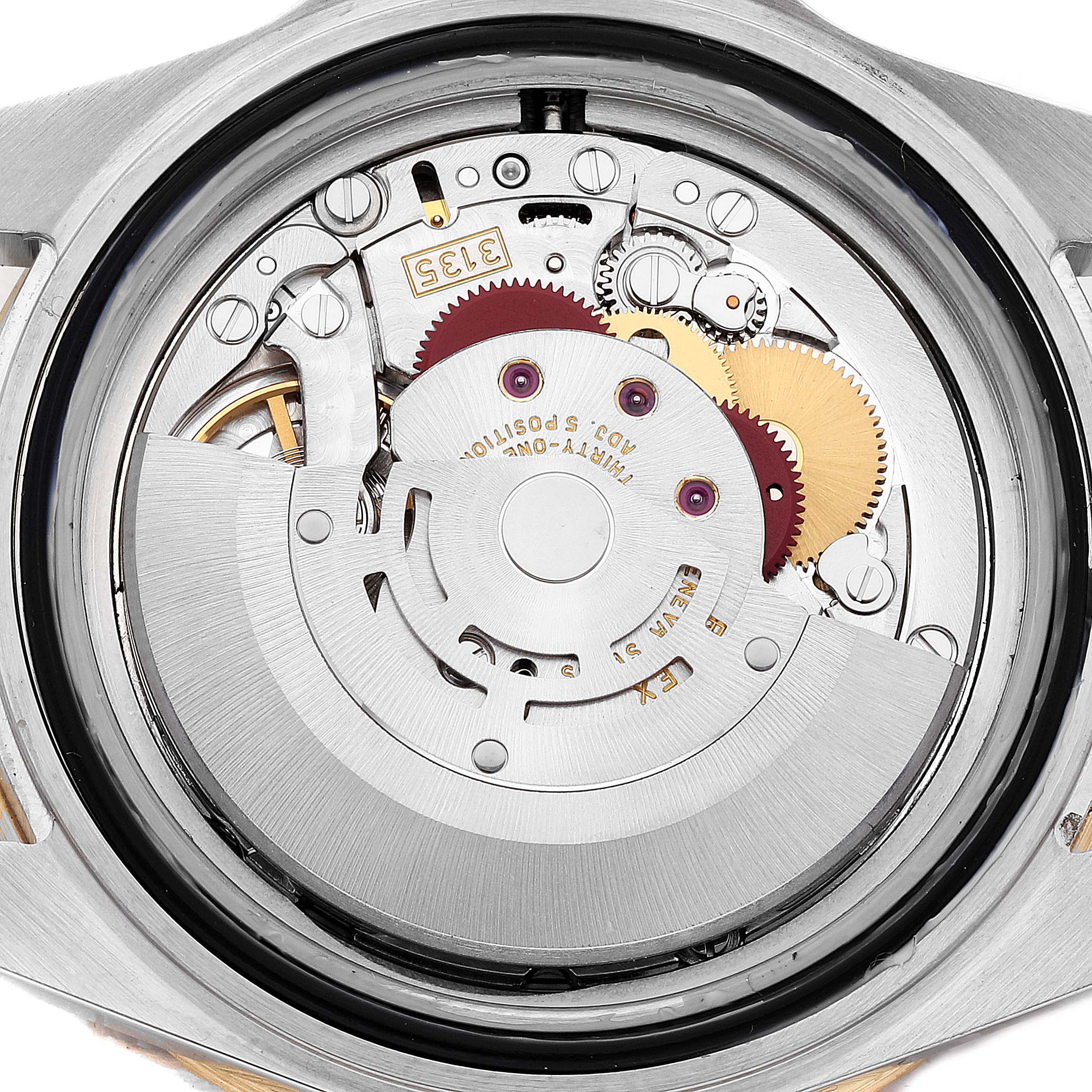 This image shows the internal movement mechanism of a Rolex Submariner 16613 Men's Steel and Gold (two tone) Blue Dial 16613 Men's Steel and Gold (two tone) Blue Dial watch from a top view angle.