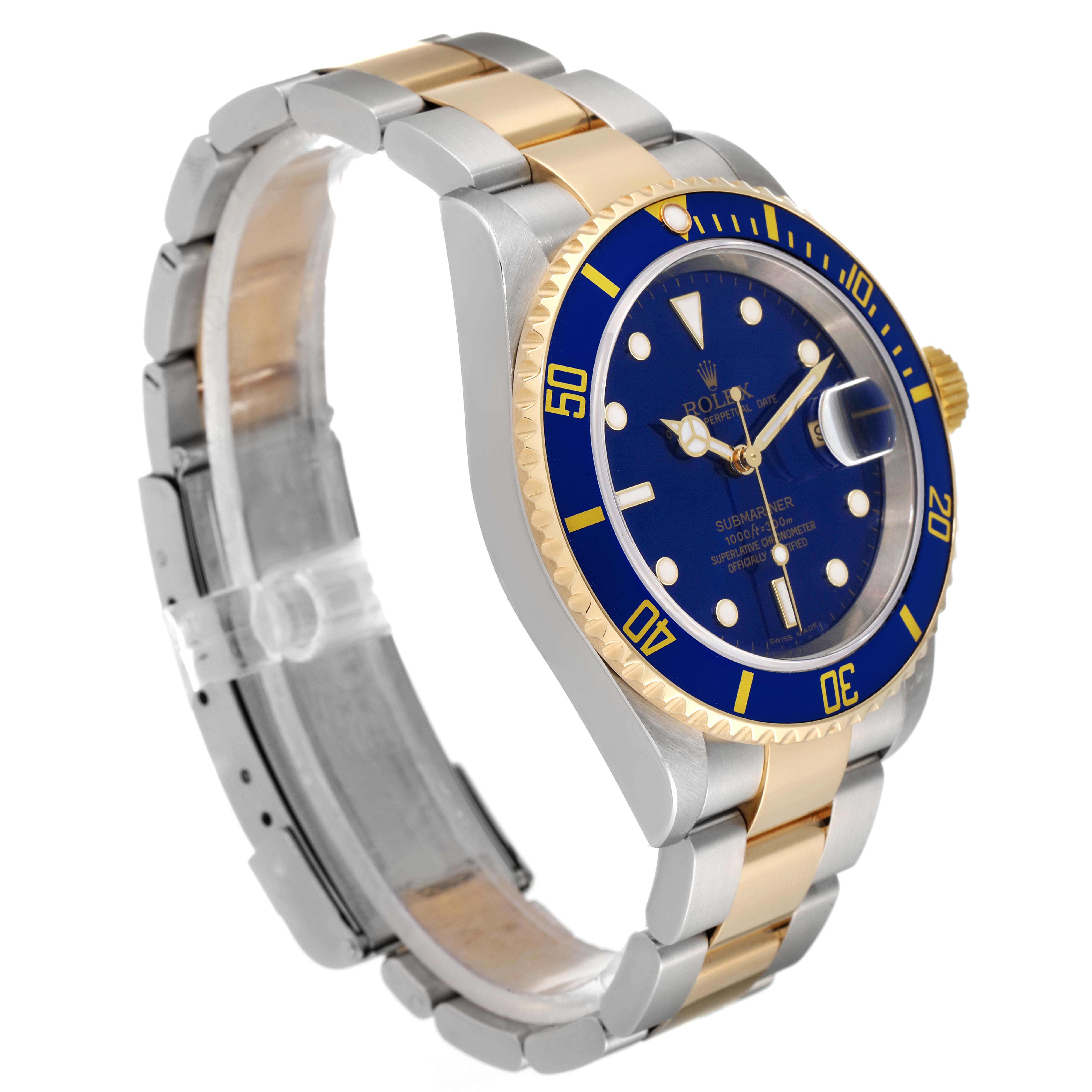 The Rolex Submariner 16613 Men's Steel and Gold (two tone) Blue Dial 16613 Men's Steel and Gold (two tone) Blue Dial watch is shown at a three-quarter angle, highlighting the blue dial, bezel, and two-tone bracelet.