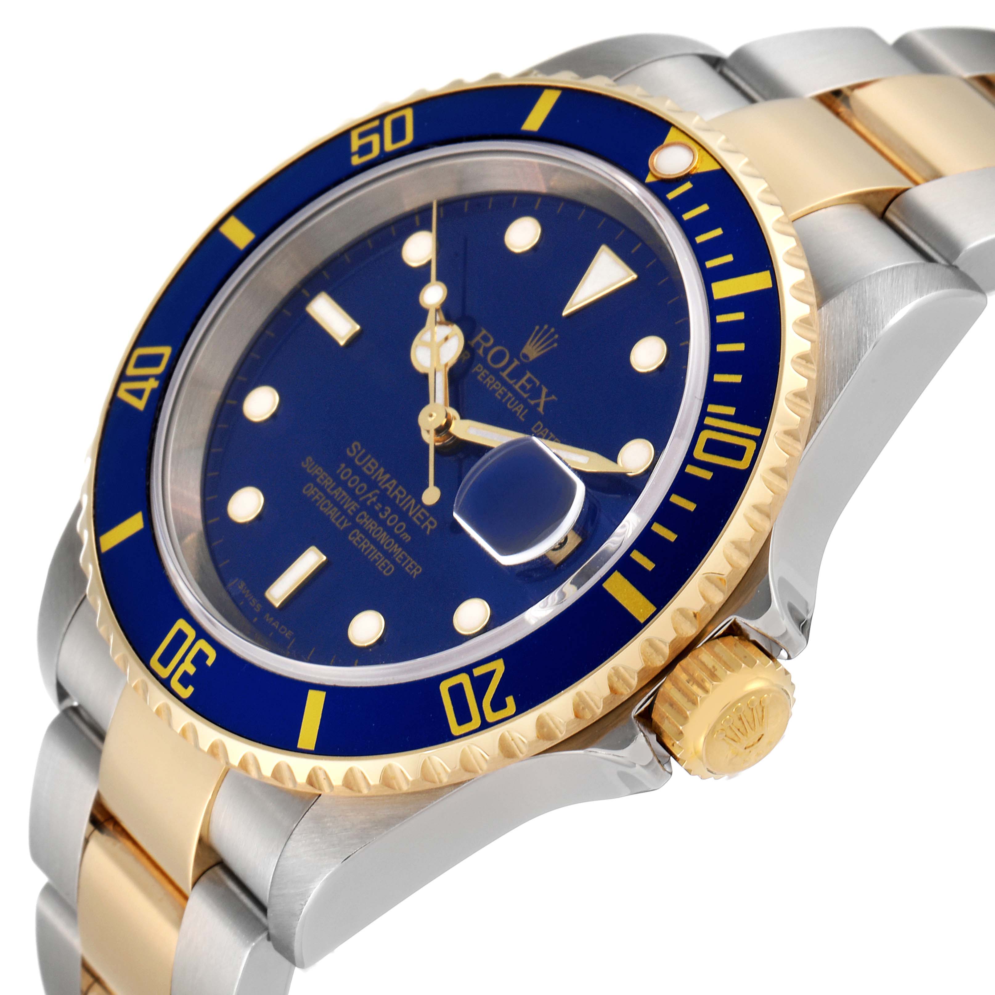 This image shows a side angle of a Rolex Submariner 16613 Men's Steel and Gold (two tone) Blue Dial 16613 Men's Steel and Gold (two tone) Blue Dial watch, highlighting its blue dial, bezel, and two-tone metal bracelet.
