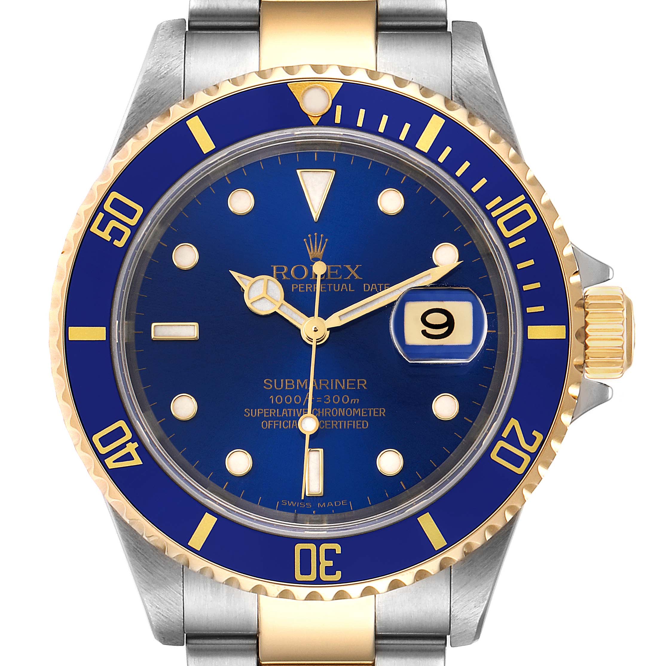 The image shows a front view of a Rolex Submariner 16613 Men's Steel and Gold (two tone) Blue Dial 16613 Men's Steel and Gold (two tone) Blue Dial watch with a blue dial, yellow gold bezel, and a two-tone bracelet.