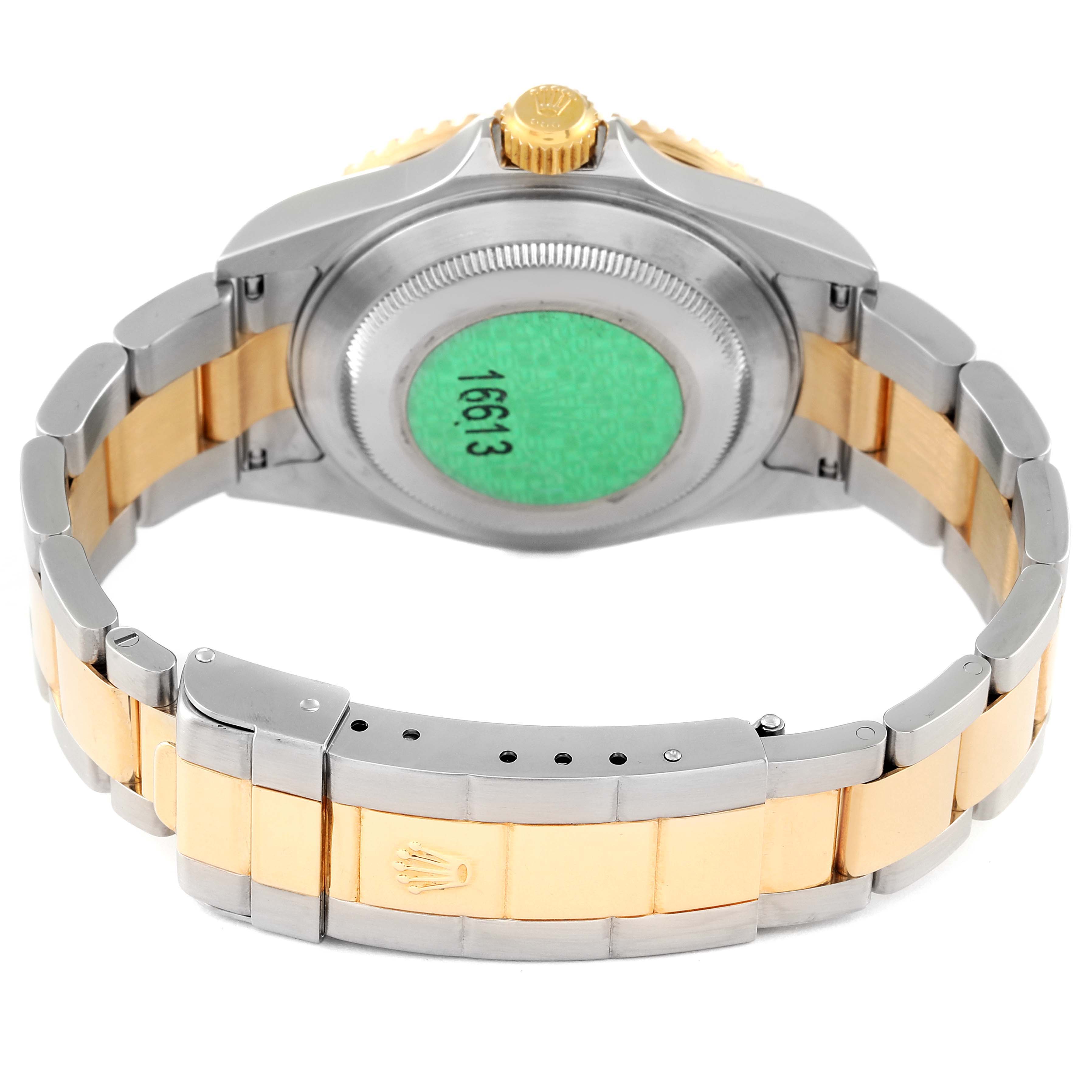 The image shows the back view and bracelet of a Rolex Submariner 16613 Men's Steel and Gold (two tone) Blue Dial 16613 Men's Steel and Gold (two tone) Blue Dial watch with model number 16613.