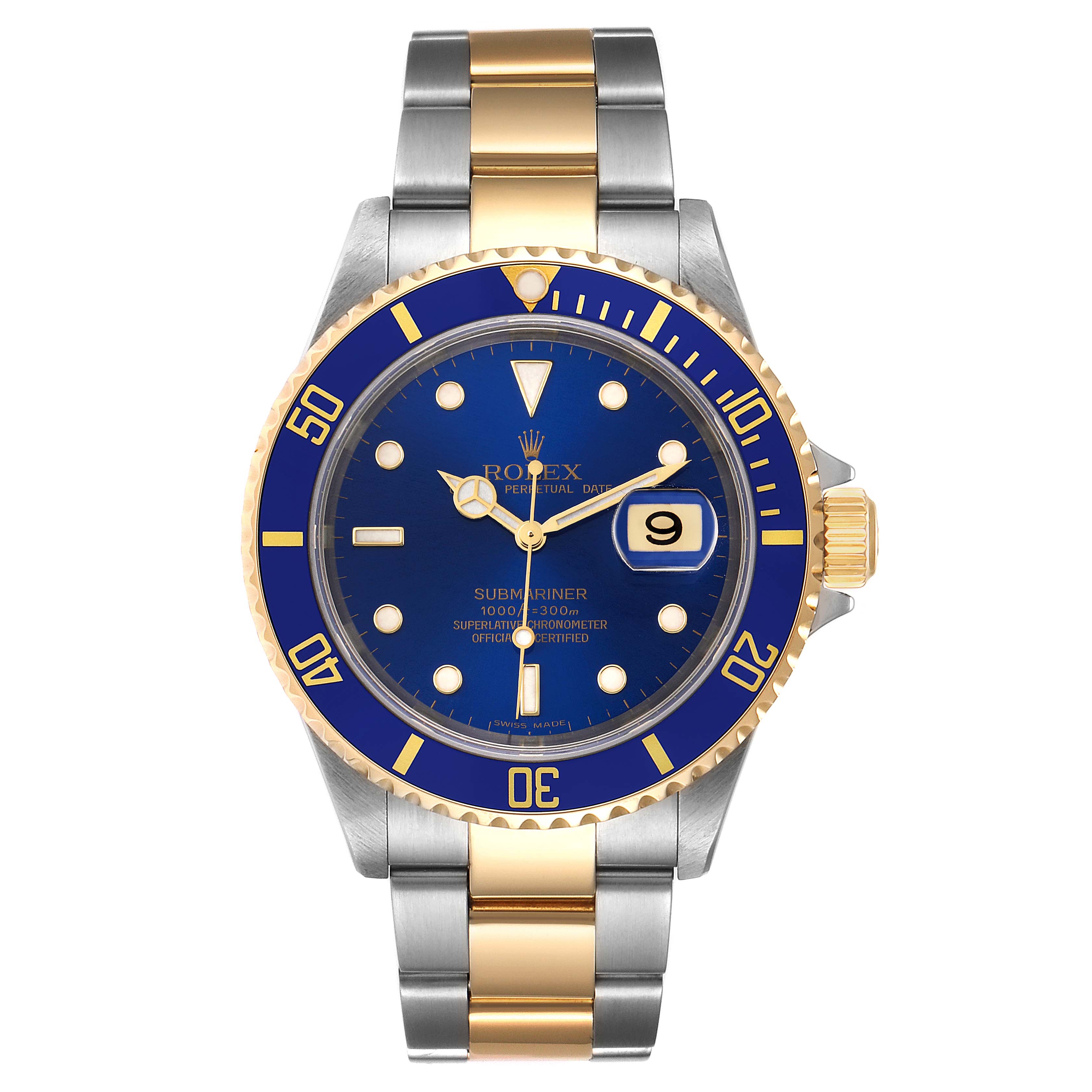 The image shows a frontal view of a Rolex Submariner 16613 Men's Steel and Gold (two tone) Blue Dial 16613 Men's Steel and Gold (two tone) Blue Dial watch with a blue dial, two-tone bracelet, and gold bezel.