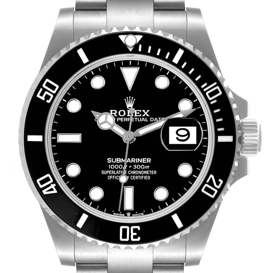 This image shows a frontal view of a Rolex Submariner watch, displaying the dial, bezel, and part of the bracelet.