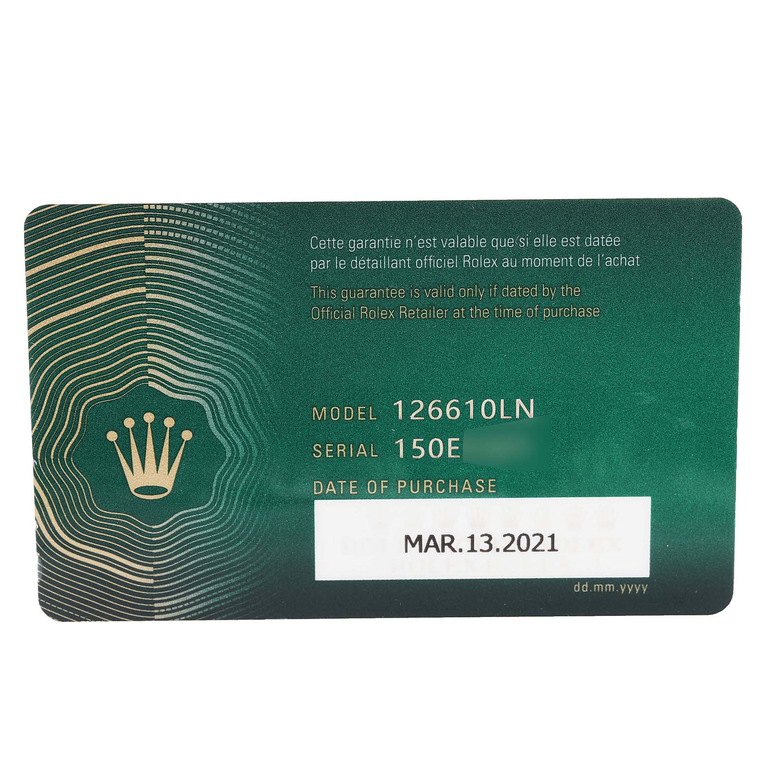 The image shows the warranty card for the Rolex Submariner 126610 Men
s Stainless Steel Black Dial 126610 Men
s Stainless Steel Black Dial model 126610LN, featuring model and serial number details.