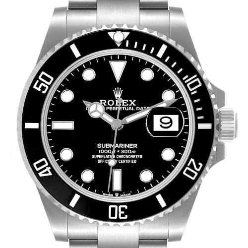 The image shows a front view of a Rolex Submariner watch, highlighting its dial, bezel, and crown.