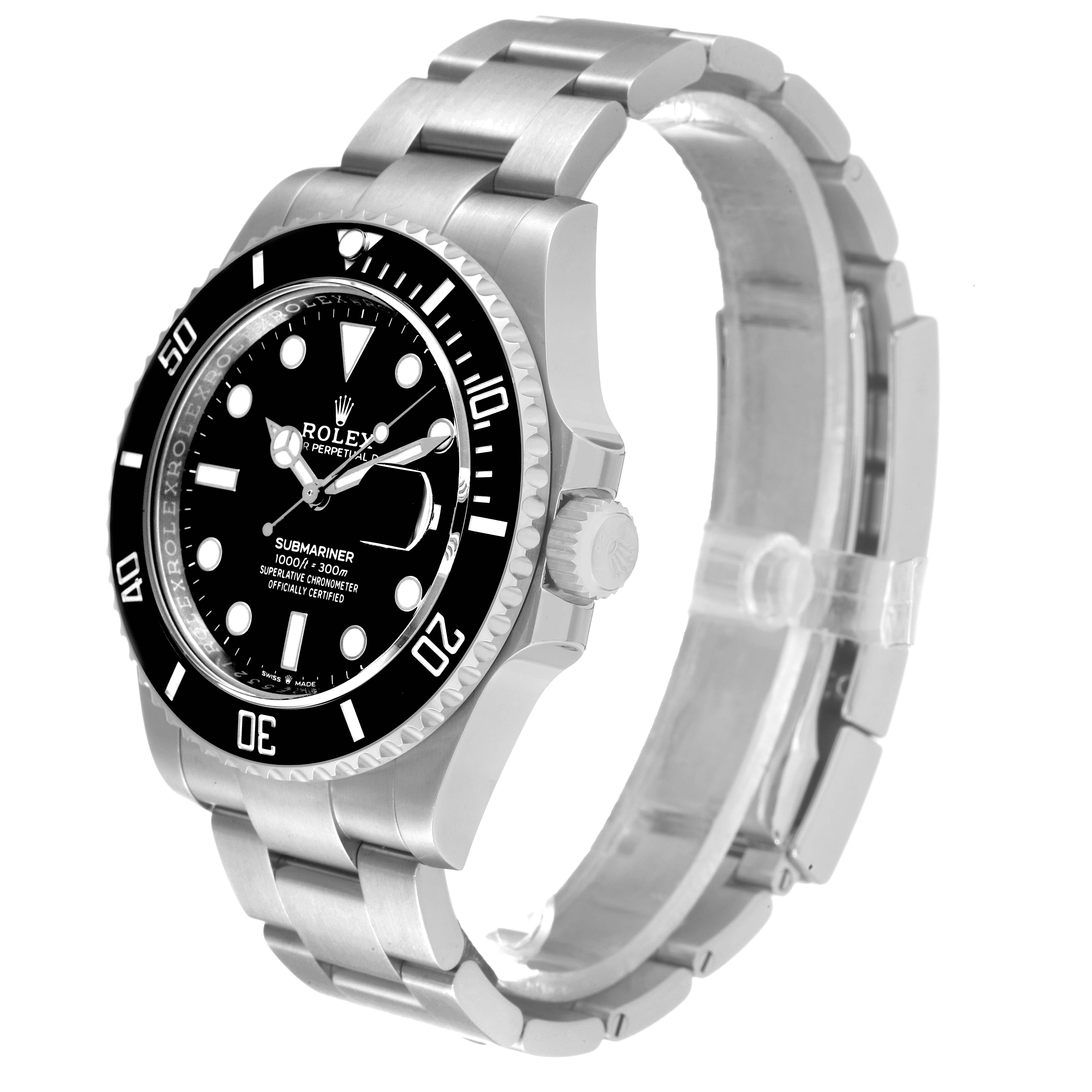 The image shows a side angle of the Rolex Submariner 126610 Men
s Stainless Steel Black Dial 126610 Men
s Stainless Steel Black Dial watch, highlighting its bezel, dial, crown, and bracelet.