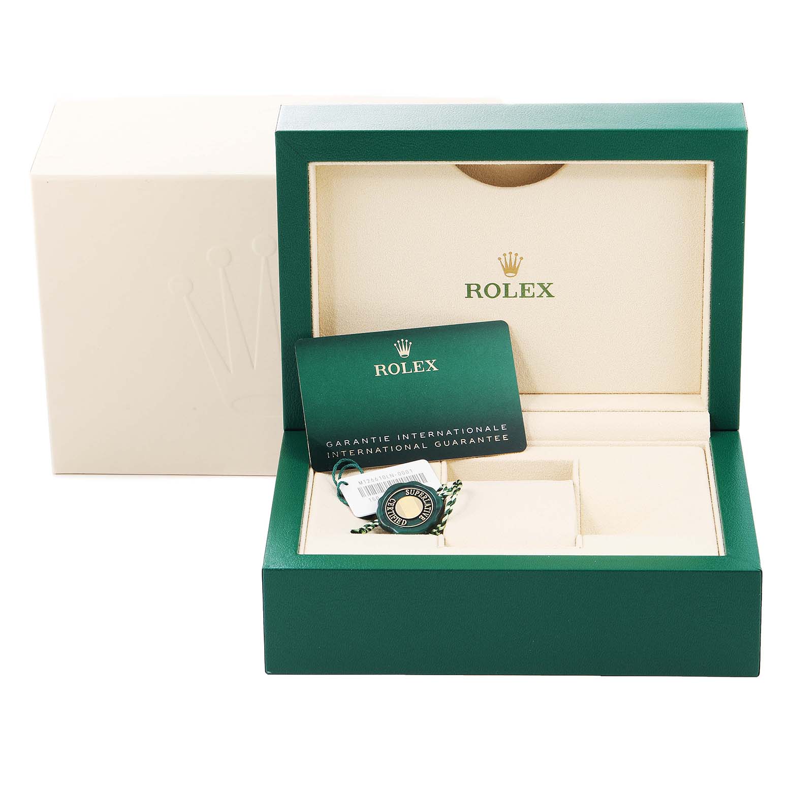 This image shows a green Rolex Submariner 126610 Men
s Stainless Steel Black Dial 126610 Men
s Stainless Steel Black Dial box with the international guarantee card and a tag, viewed from the front.