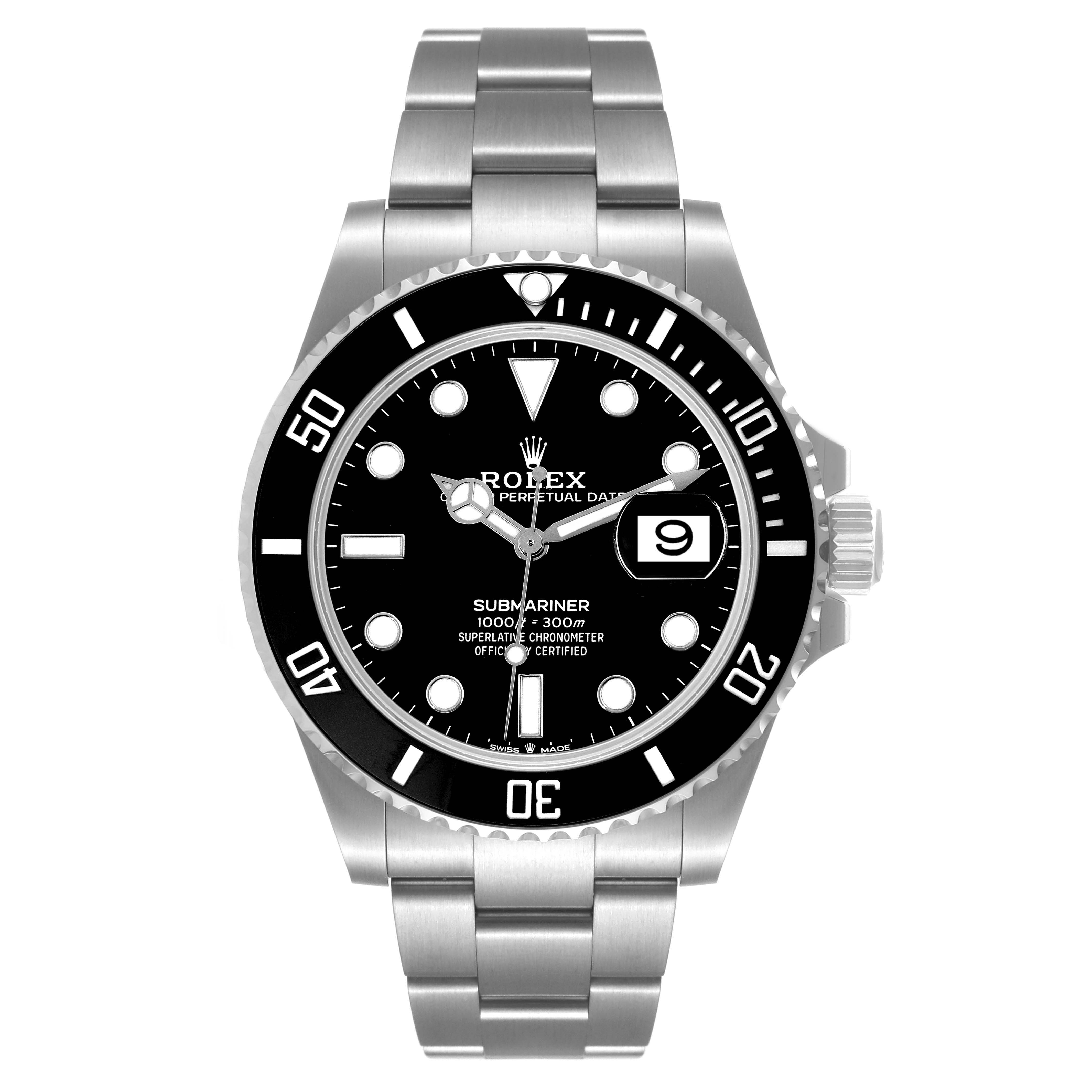 The image shows a front view of the Rolex Submariner 126610 Men
s Stainless Steel Black Dial 126610 Men
s Stainless Steel Black Dial watch, displaying its face, bezel, and bracelet.