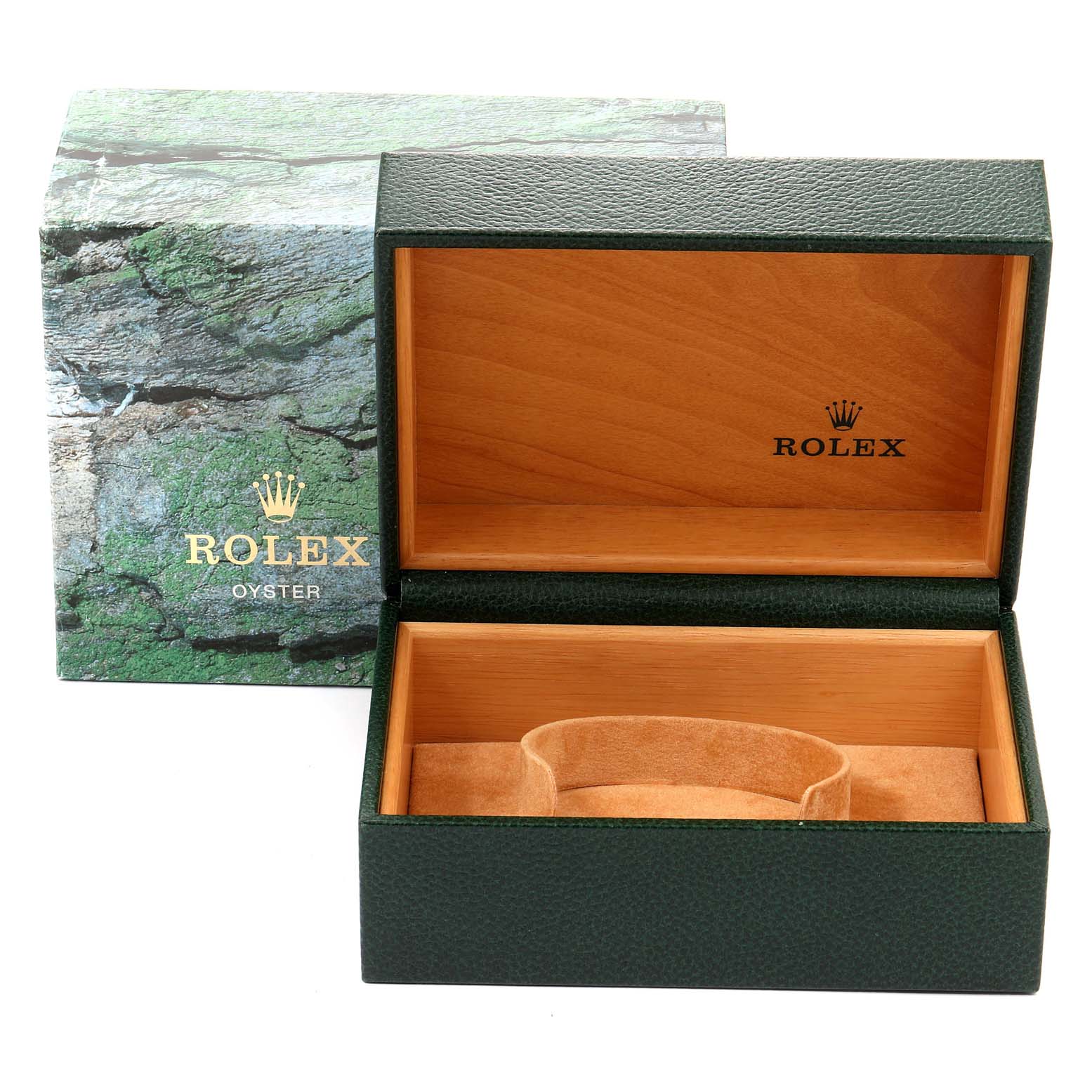 The image shows an empty Rolex Submariner 16610 Men
s Stainless Steel Black Dial 16610 Men
s Stainless Steel Black Dial watch box and its accompanying outer green box with the Rolex logo.