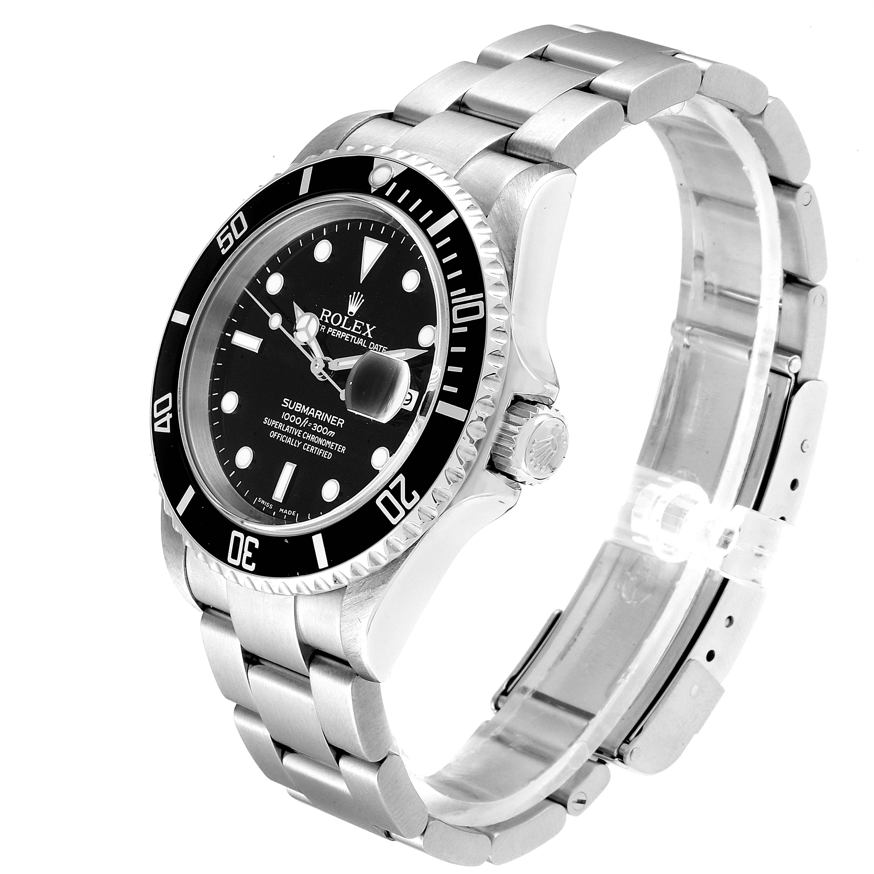 This image shows a side and partial front view of a Rolex Submariner 16610 Men
s Stainless Steel Black Dial 16610 Men
s Stainless Steel Black Dial highlighting the bezel, crown, and bracelet.