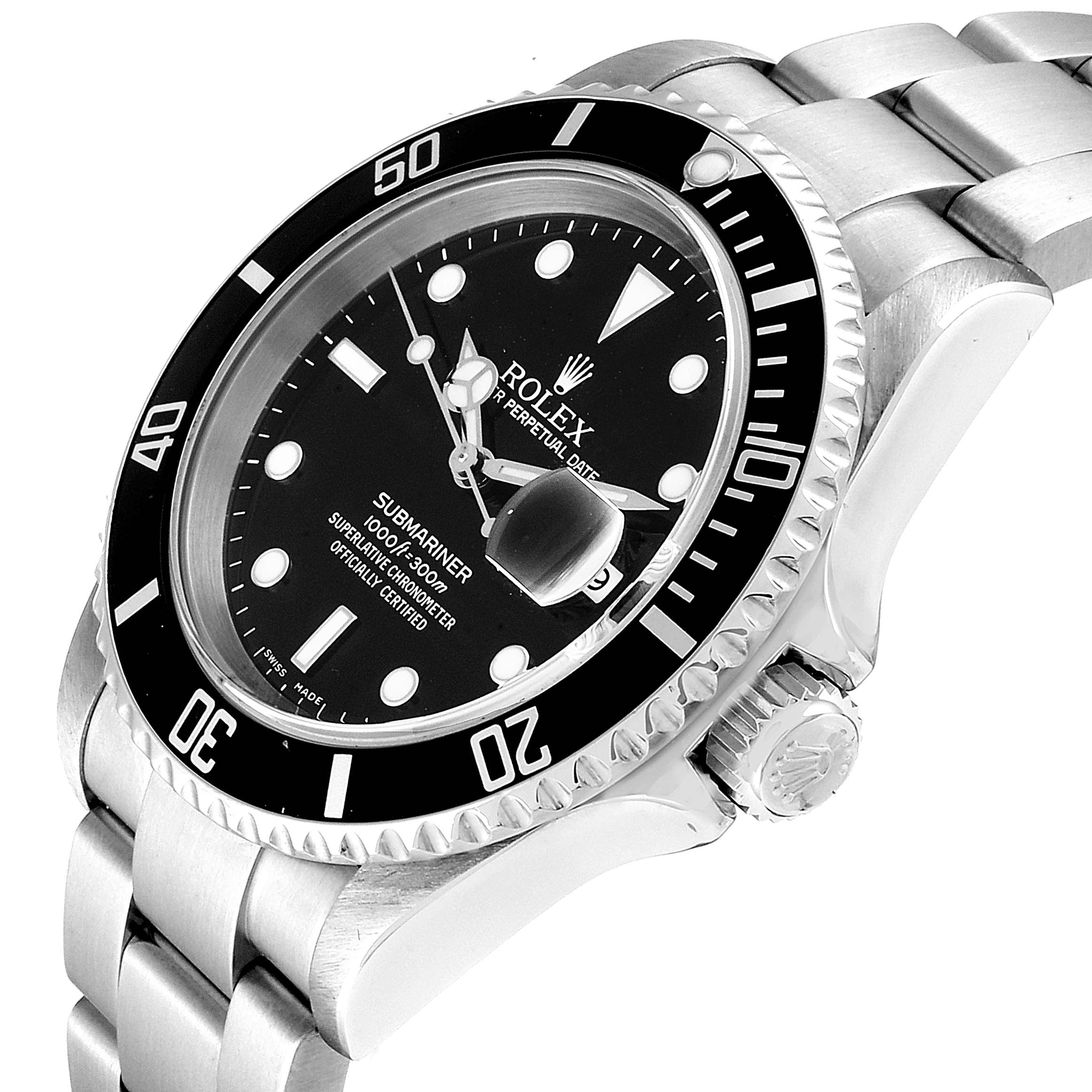 This image shows a Rolex Submariner 16610 Men
s Stainless Steel Black Dial 16610 Men
s Stainless Steel Black Dial watch at a three-quarter angle, highlighting its face, bezel, crown, and part of its bracelet.