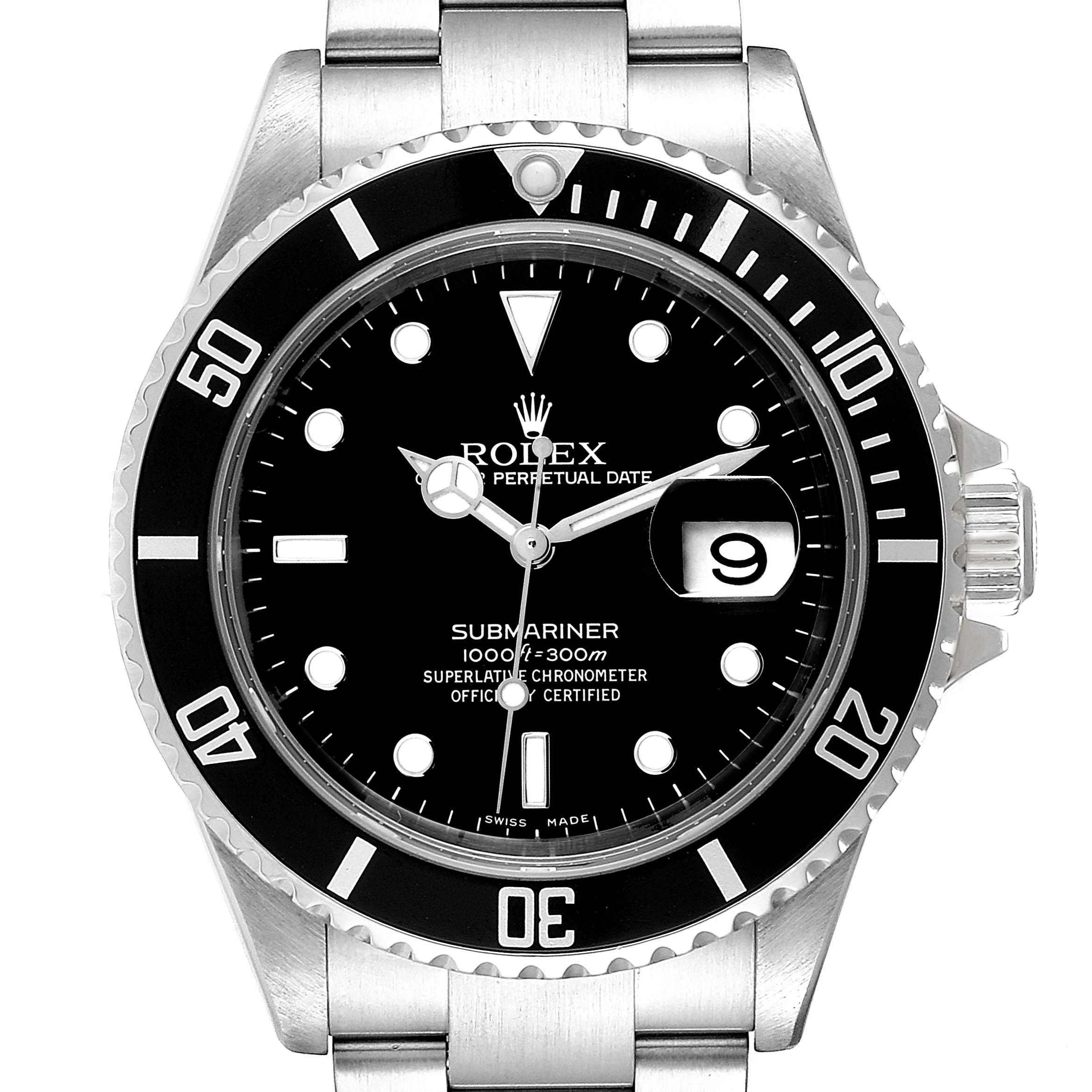 This image shows a front view of a Rolex Submariner 16610 Men
s Stainless Steel Black Dial 16610 Men
s Stainless Steel Black Dial watch, focusing on the dial, bezel, and part of the stainless steel bracelet.