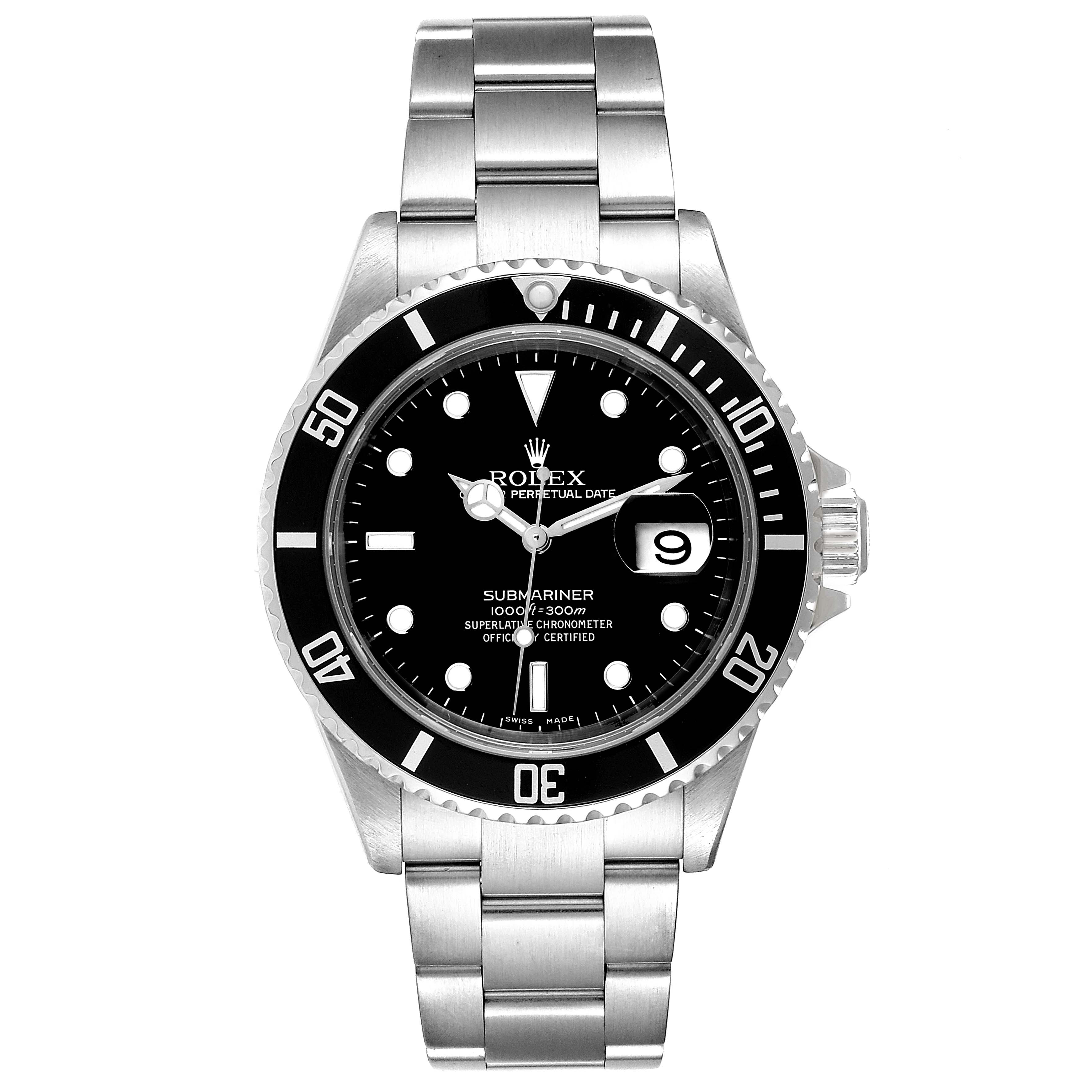 This image shows a frontal view of the Rolex Submariner 16610 Men
s Stainless Steel Black Dial 16610 Men
s Stainless Steel Black Dial watch, highlighting its dial, bezel, and bracelet.