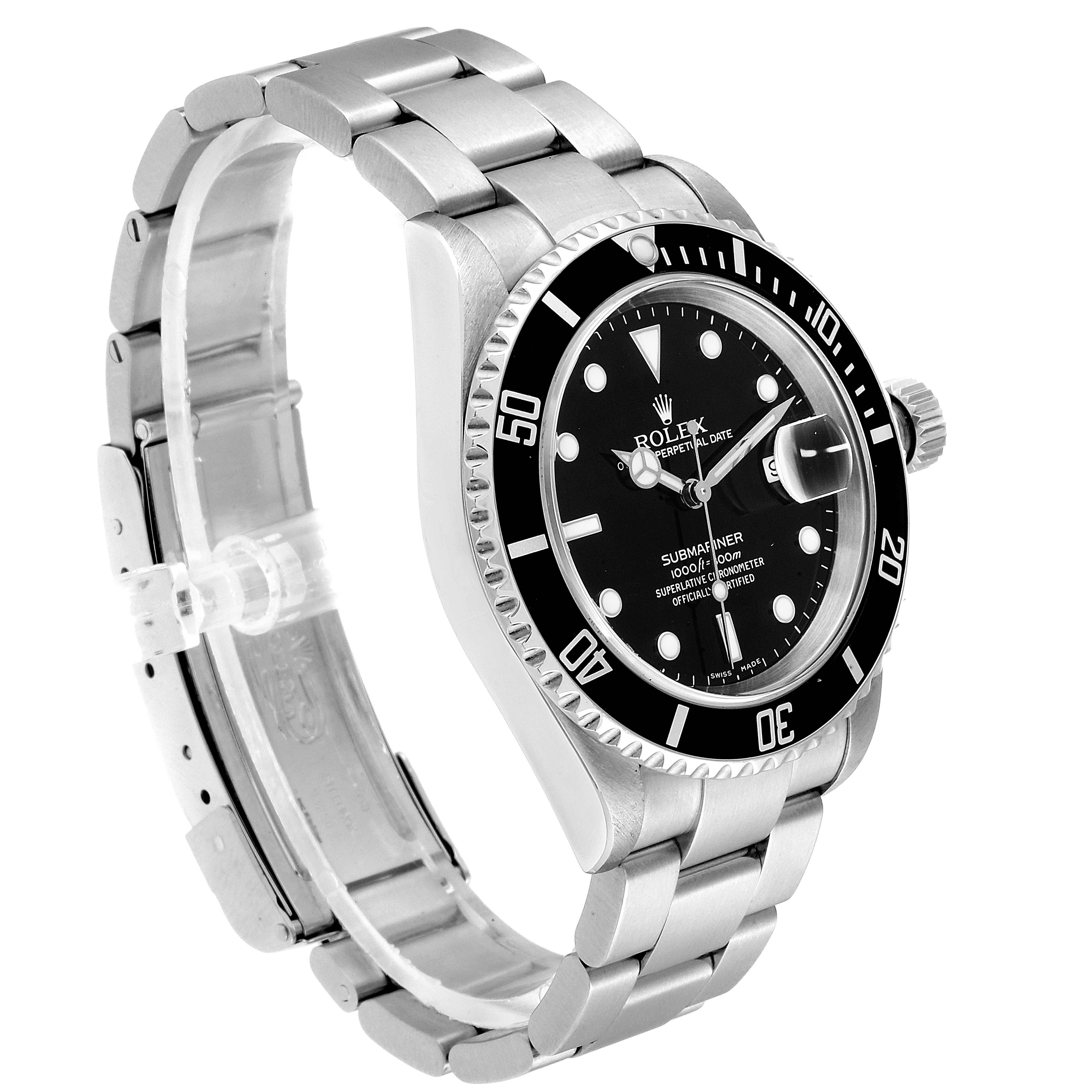 The image shows a Rolex Submariner 16610 Men
s Stainless Steel Black Dial 16610 Men
s Stainless Steel Black Dial watch at a three-quarter angle, highlighting the face, bezel, and bracelet.