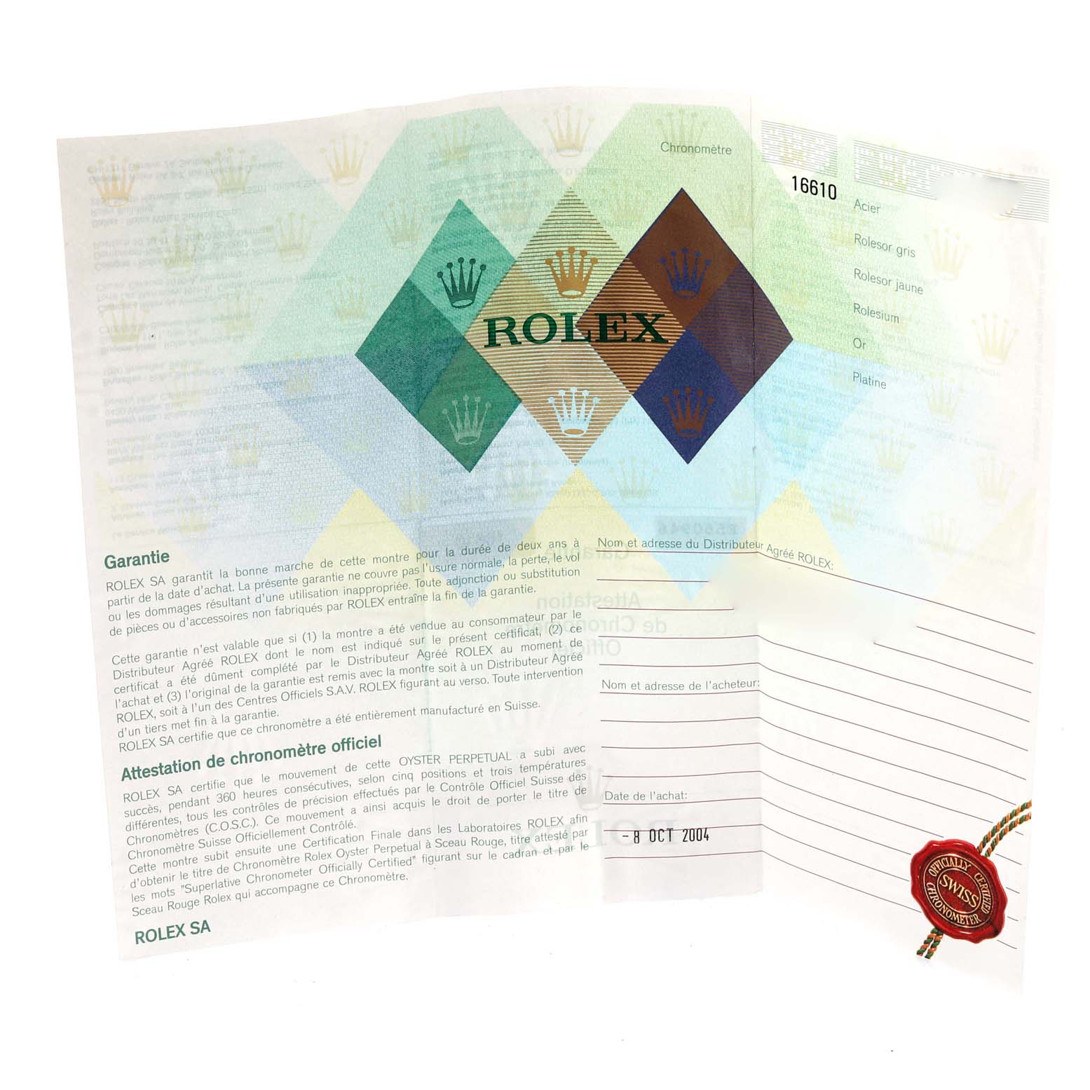 The image shows the warranty and certification papers for a Rolex Submariner 16610 Men
s Stainless Steel Black Dial 16610 Men
s Stainless Steel Black Dial watch.