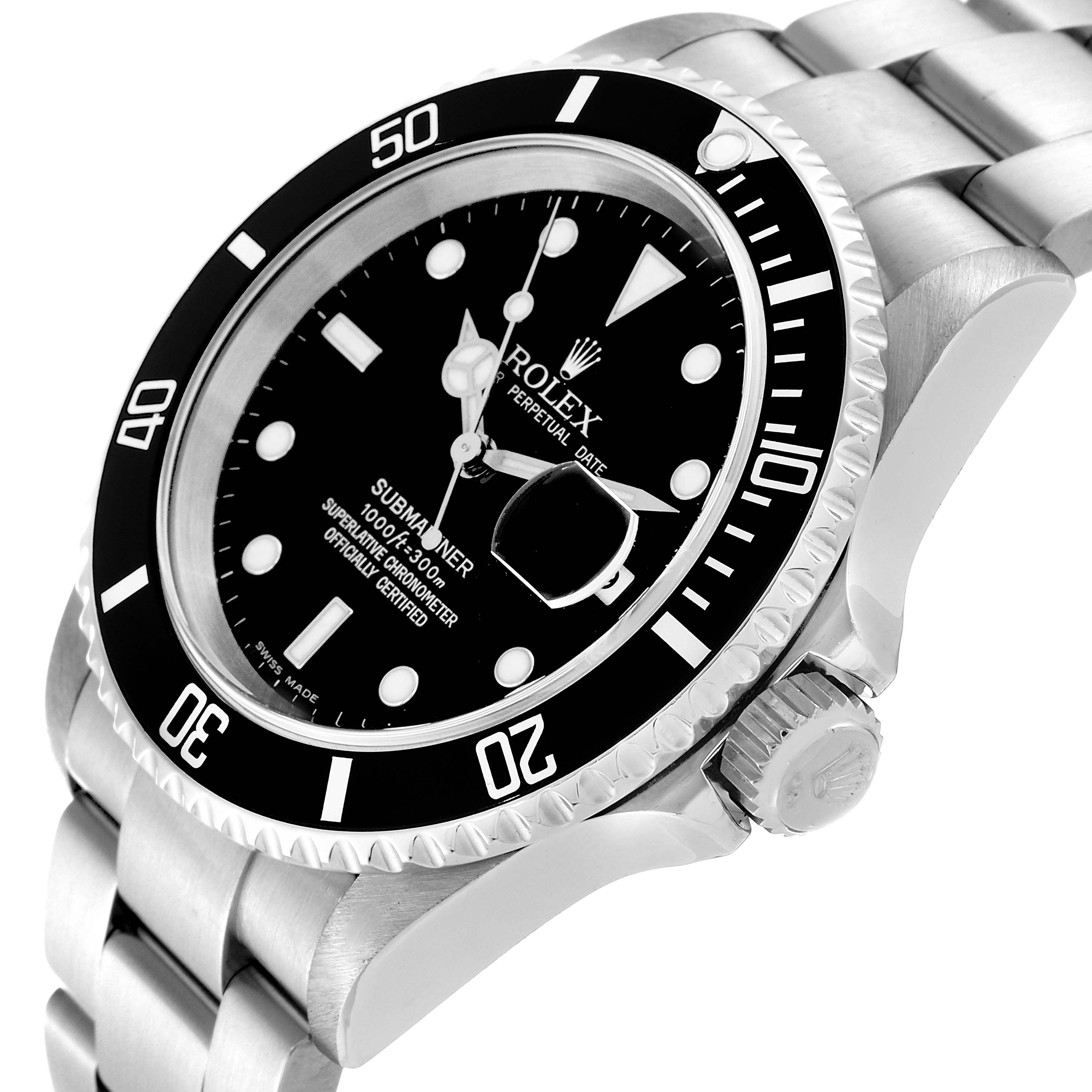 The image shows a close-up angled view of the Rolex Submariner 16610 Men
s Stainless Steel Black Dial 16610 Men
s Stainless Steel Black Dial, highlighting the black dial, bezel, and part of the bracelet.
