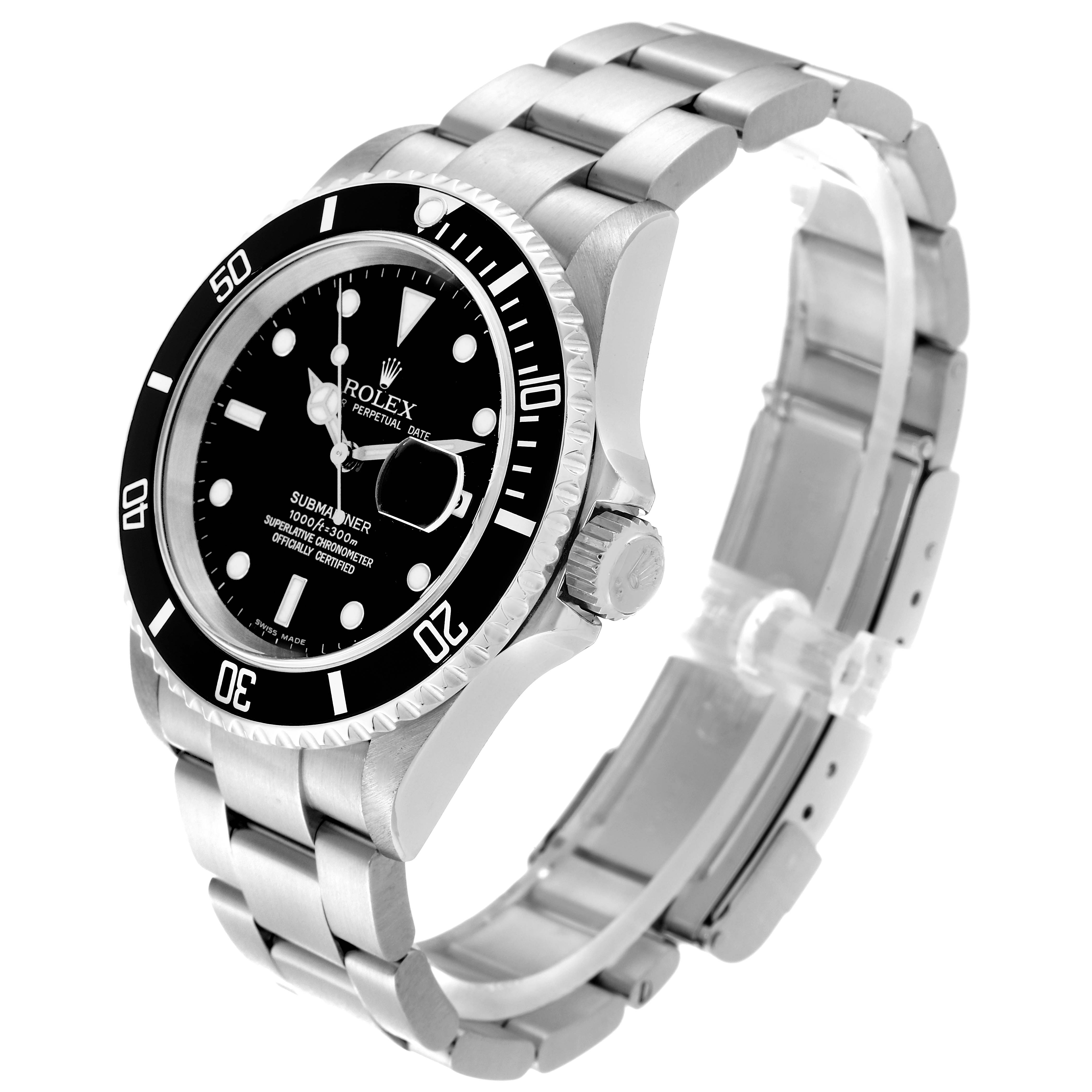 The image shows a Rolex Submariner 16610 Men
s Stainless Steel Black Dial 16610 Men
s Stainless Steel Black Dial watch at a three-quarter angle, displaying the face, bezel, crown, and metal bracelet.