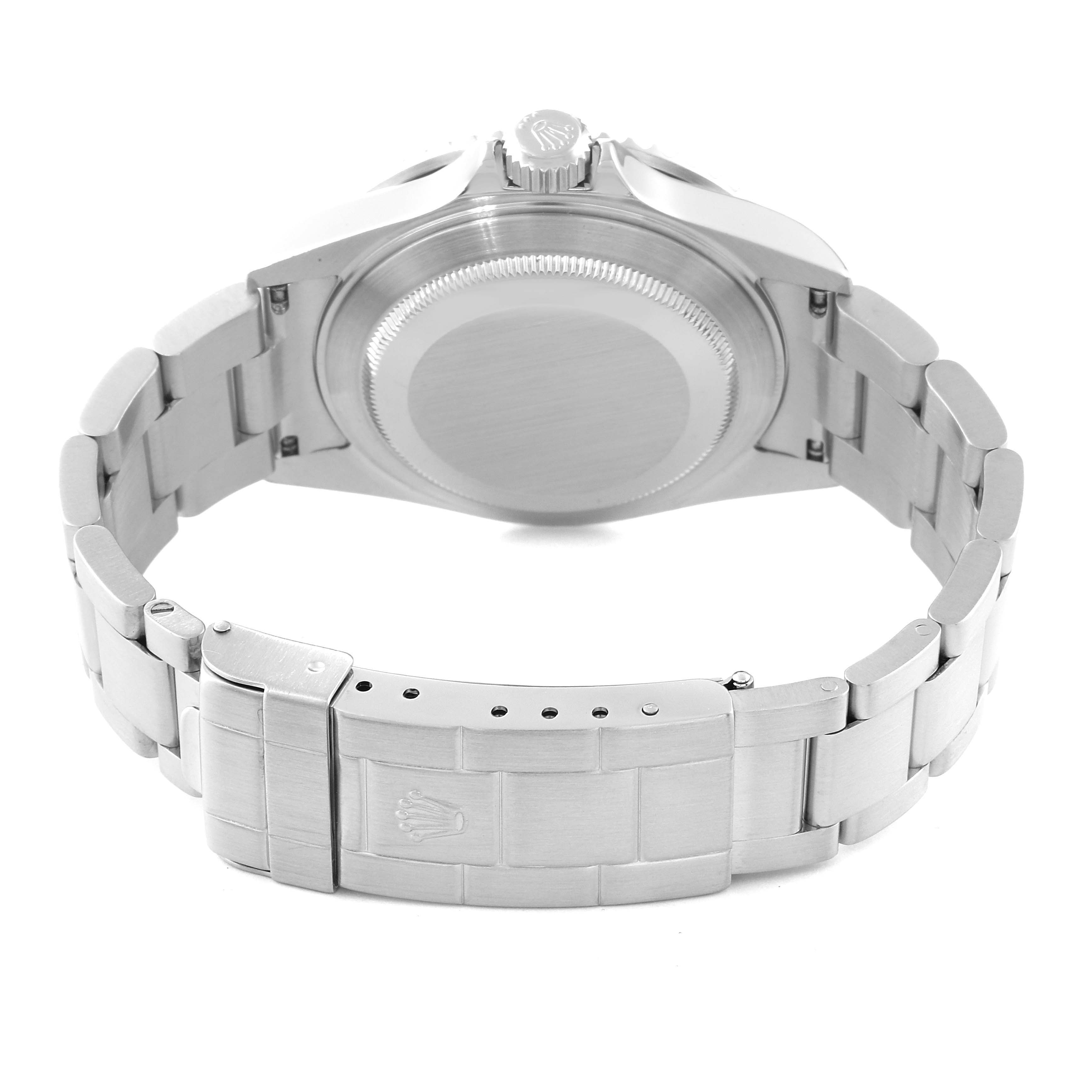 This image shows the back and clasp of a Rolex Submariner 16610 Men
s Stainless Steel Black Dial 16610 Men
s Stainless Steel Black Dial watch, facing the camera.