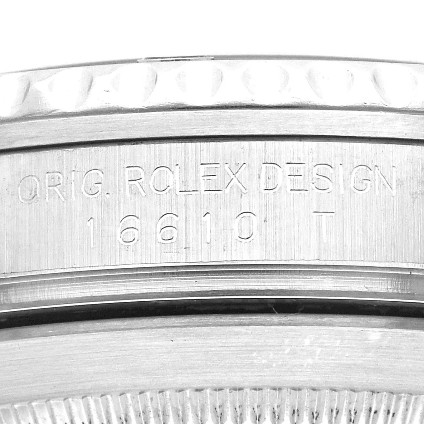 This image shows a close-up view of the case side engraving on a Rolex Submariner 16610 Men
s Stainless Steel Black Dial 16610 Men
s Stainless Steel Black Dial, model number 16610.