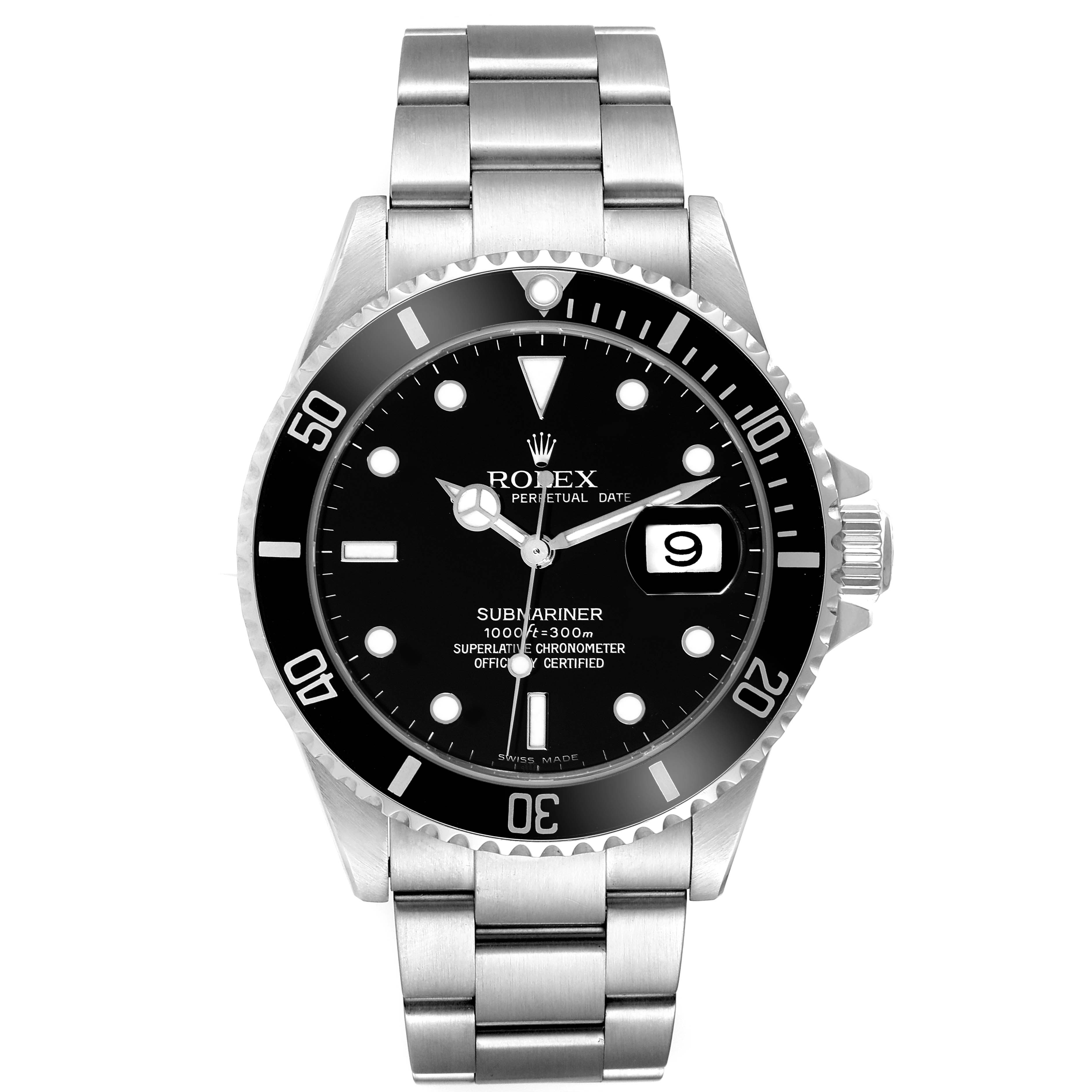 This image shows a front view of a Rolex Submariner 16610 Men
s Stainless Steel Black Dial 16610 Men
s Stainless Steel Black Dial watch, displaying the dial, bezel, and bracelet.