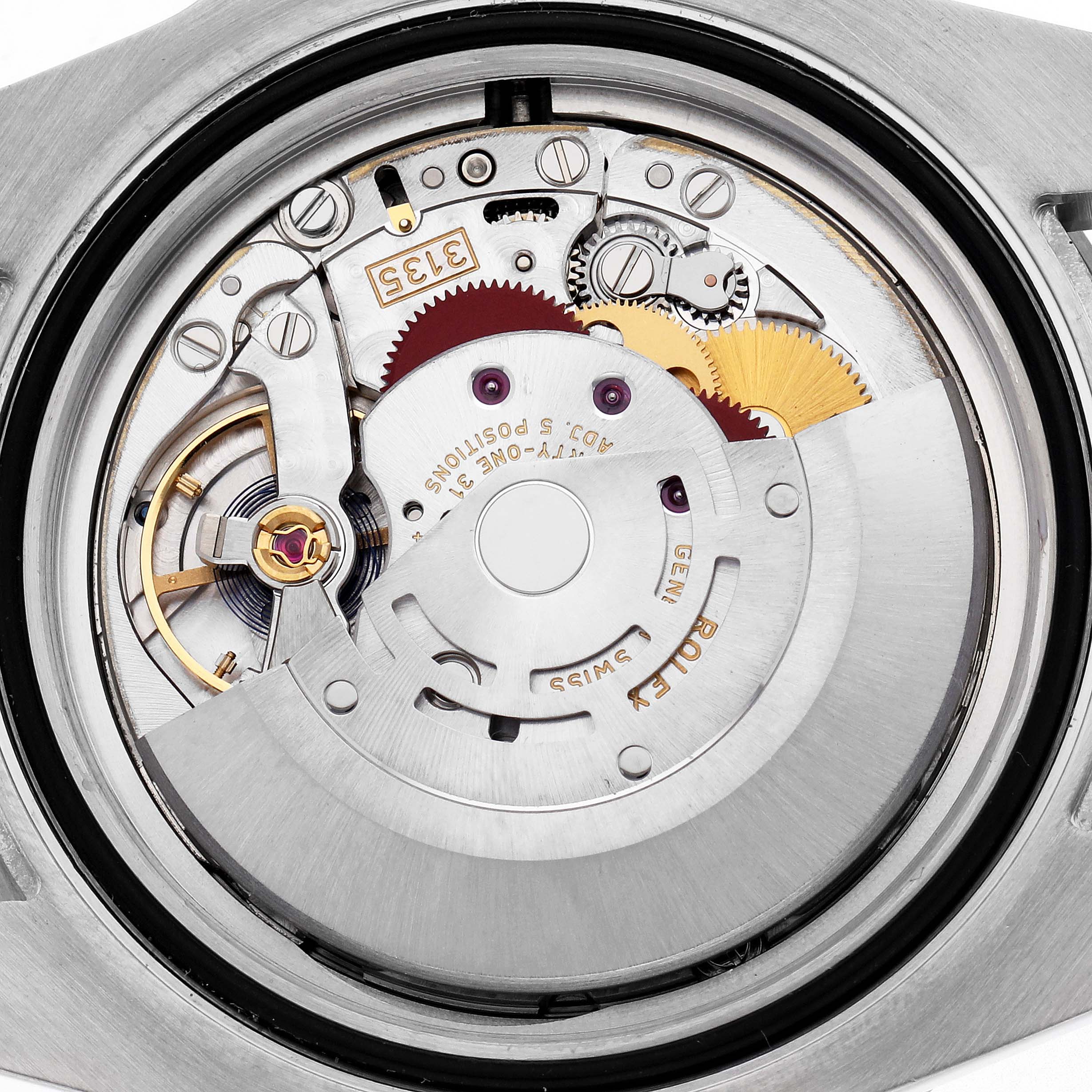 The image shows the movement interior of a Rolex Submariner 116610LN Men
s Stainless Steel Black Dial 116610LN Men
s Stainless Steel Black Dial watch from a rear angle, highlighting gears and mechanisms.