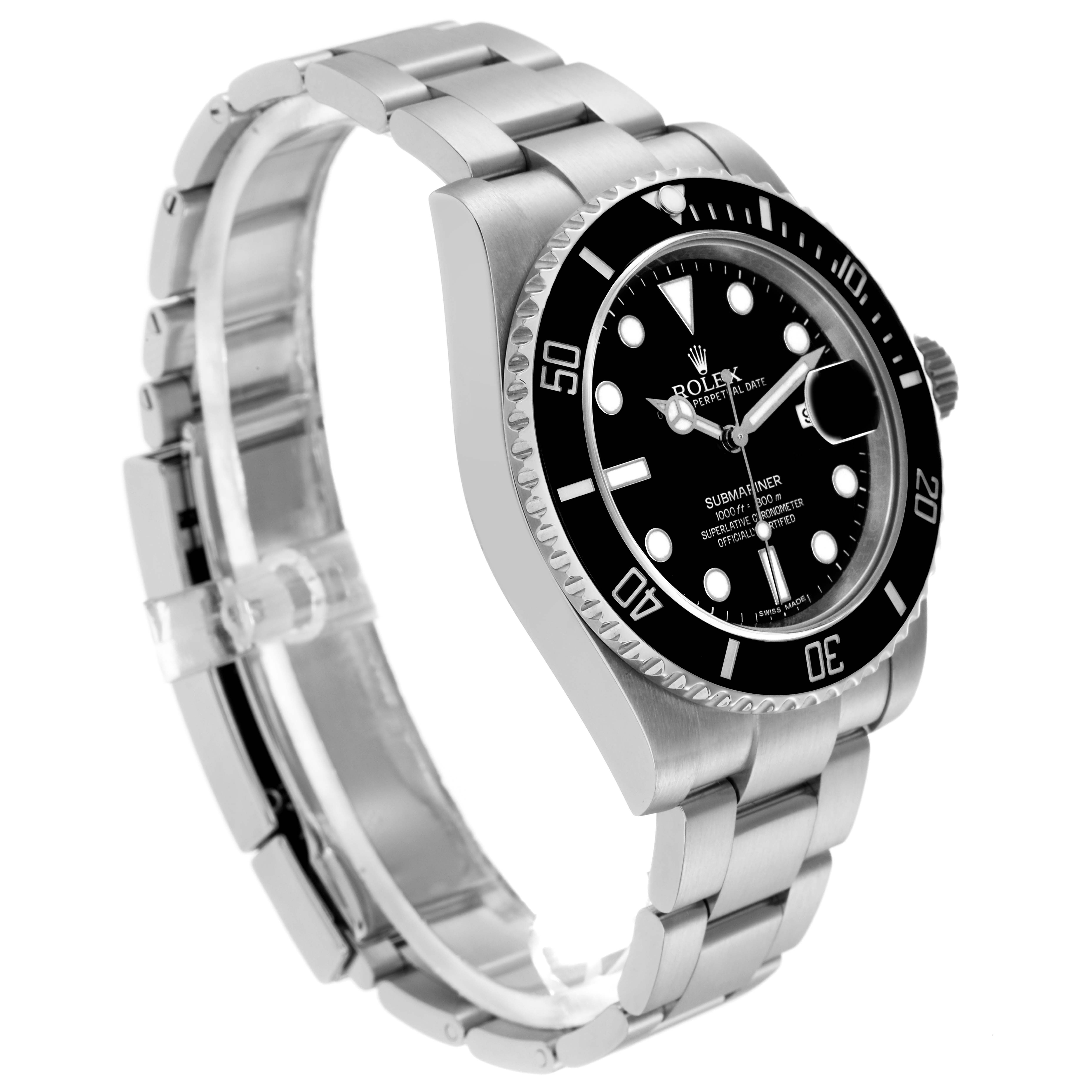 The Rolex Submariner 116610LN Men
s Stainless Steel Black Dial 116610LN Men
s Stainless Steel Black Dial watch is shown from a side angle, highlighting the face, bezel, crown, and bracelet links.