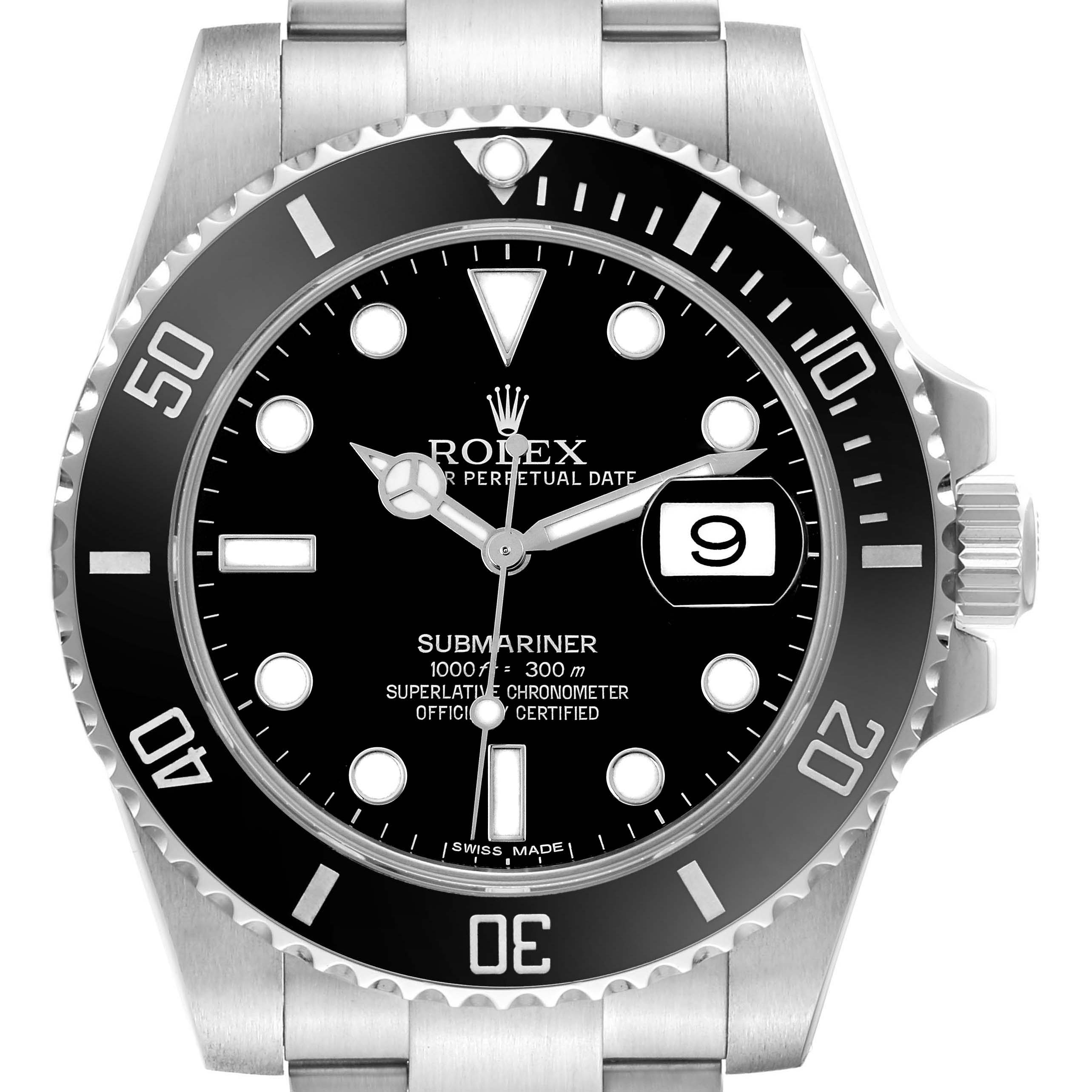 The Rolex Submariner 116610LN Men
s Stainless Steel Black Dial 116610LN Men
s Stainless Steel Black Dial watch is shown from the front, highlighting the face, bezel, and part of the bracelet.