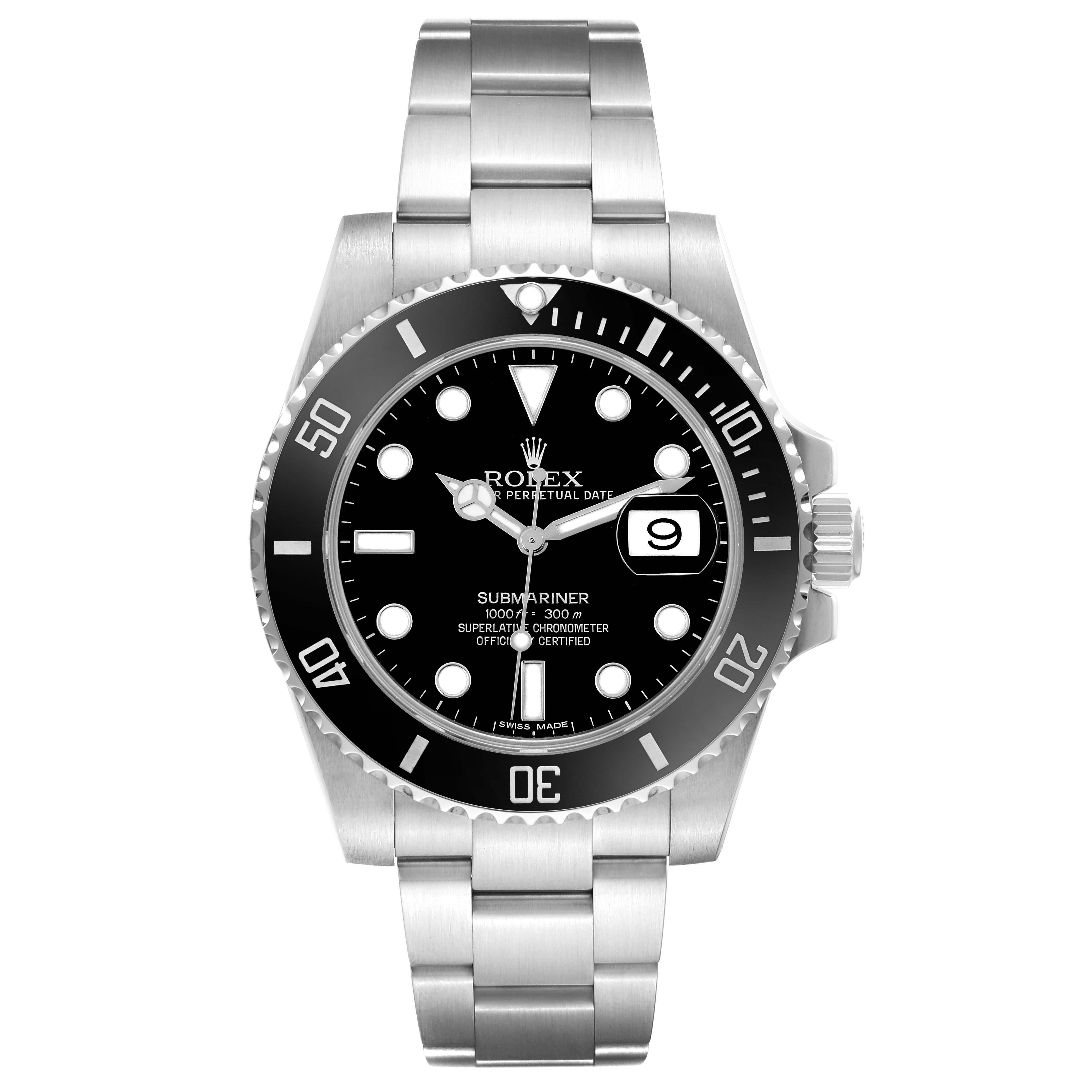 The image shows a Rolex Submariner 116610LN Men
s Stainless Steel Black Dial 116610LN Men
s Stainless Steel Black Dial watch from a front view, displaying its black dial, bezel, and stainless steel bracelet.
