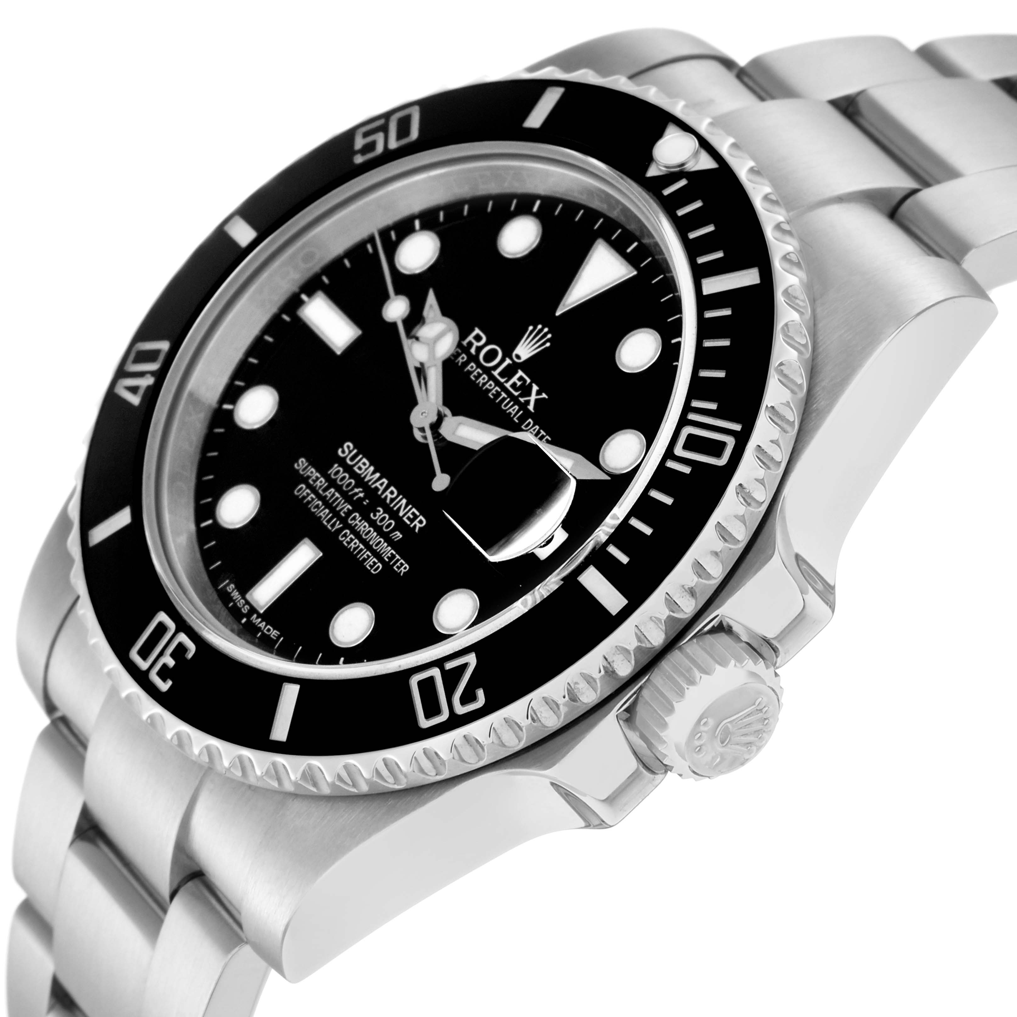The Rolex Submariner 116610LN Men
s Stainless Steel Black Dial 116610LN Men
s Stainless Steel Black Dial watch is shown at a slight side angle, highlighting the bezel, dial, crown, and part of the bracelet.