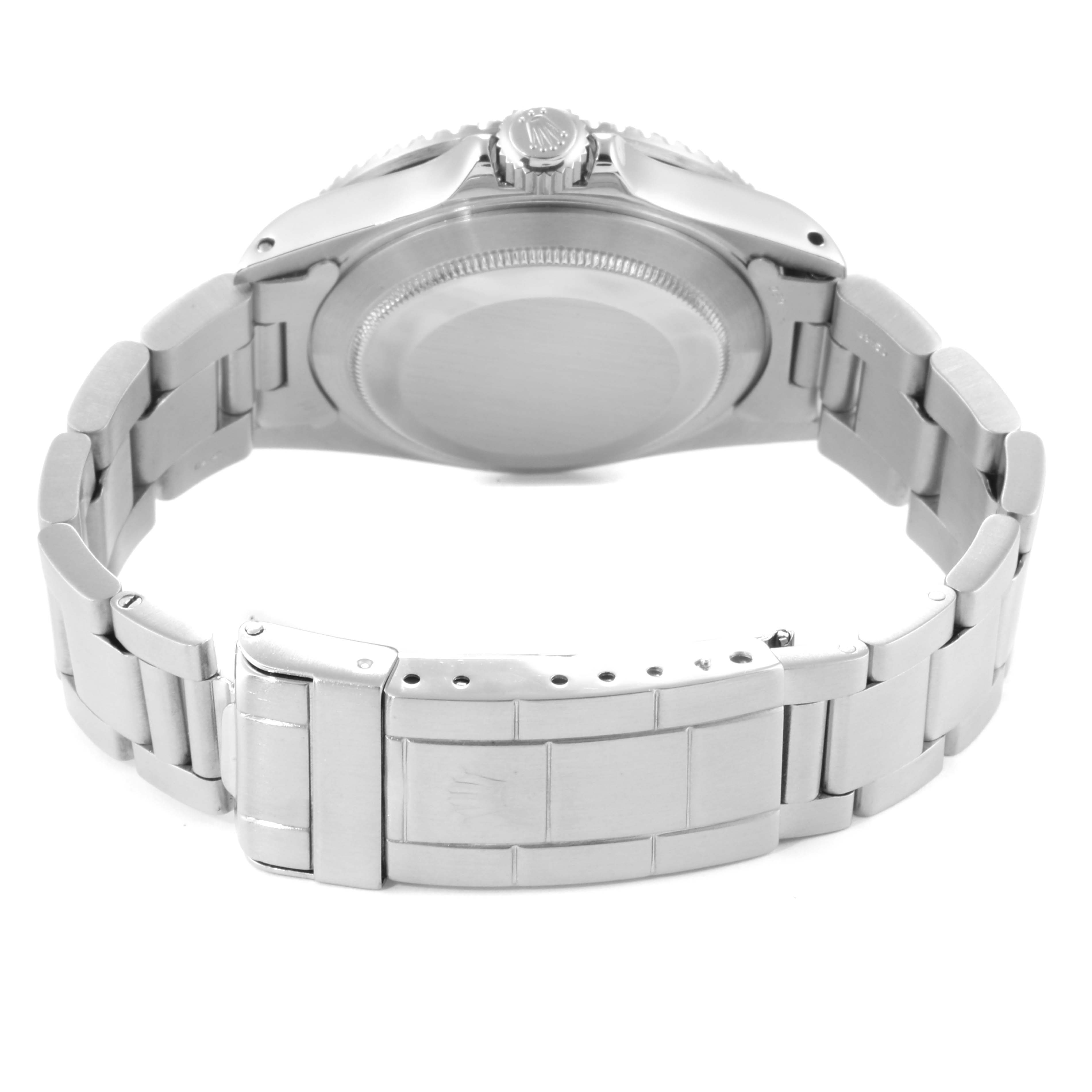 The image shows the backside of a Rolex Submariner 16800 Men
s Stainless Steel Black Dial 16800 Men
s Stainless Steel Black Dial watch, highlighting the closed clasp and bracelet.