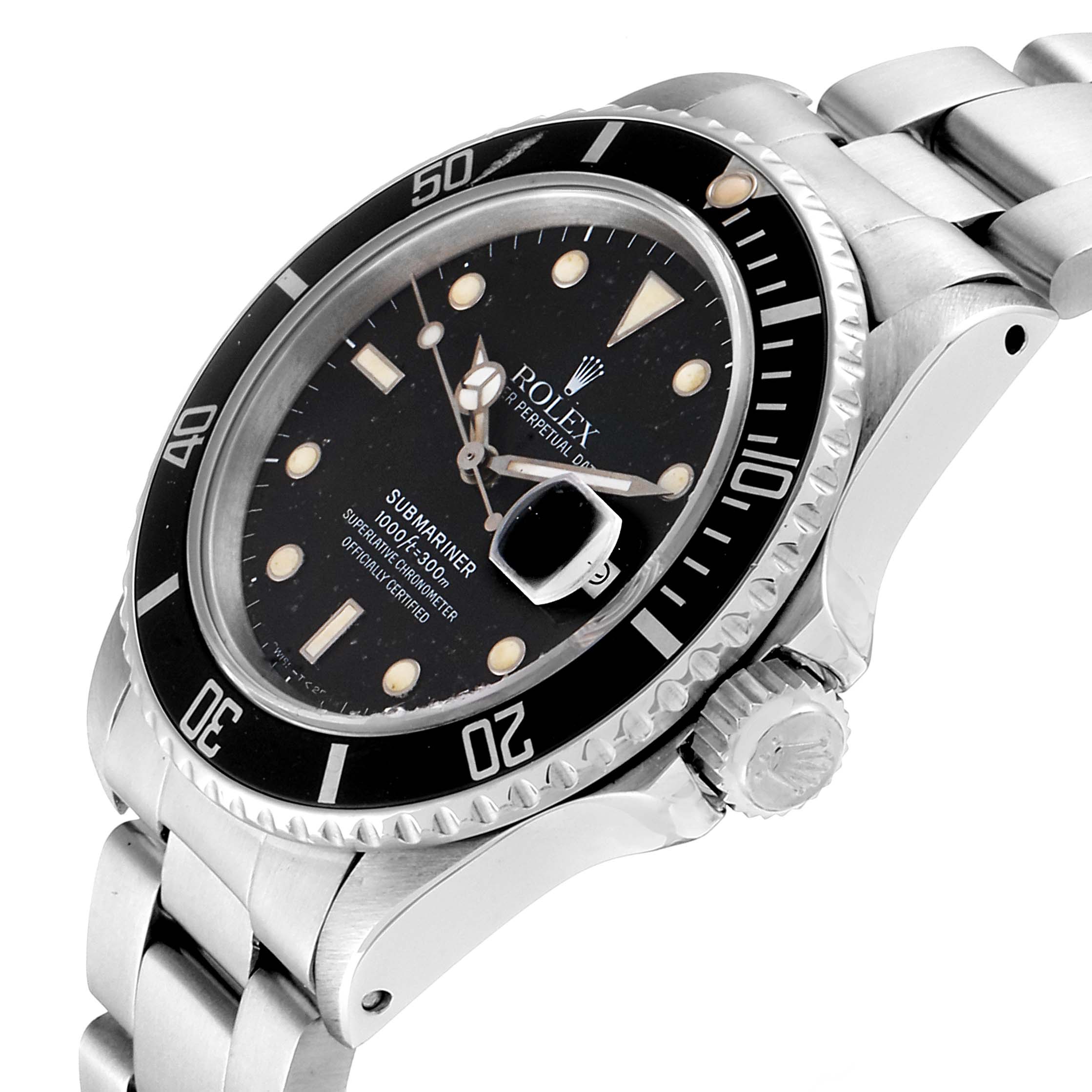 This image shows a side angle of the Rolex Submariner 16800 Men
s Stainless Steel Black Dial 16800 Men
s Stainless Steel Black Dial watch, highlighting its dial, bezel, crown, and part of the bracelet.