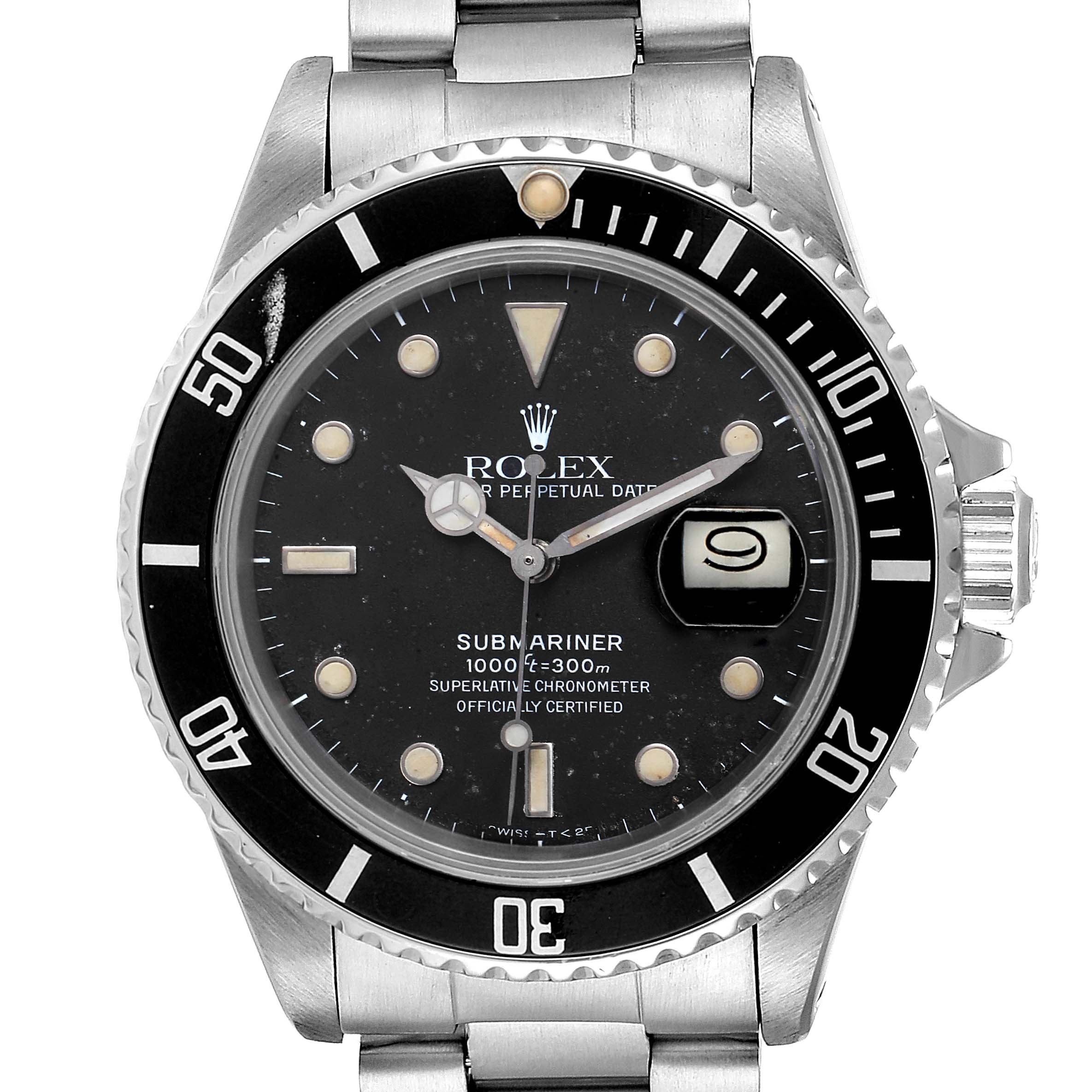 This image shows a front-facing view of the Rolex Submariner 16800 Men
s Stainless Steel Black Dial 16800 Men
s Stainless Steel Black Dial watch, displaying the dial, bezel, date, and part of the bracelet.